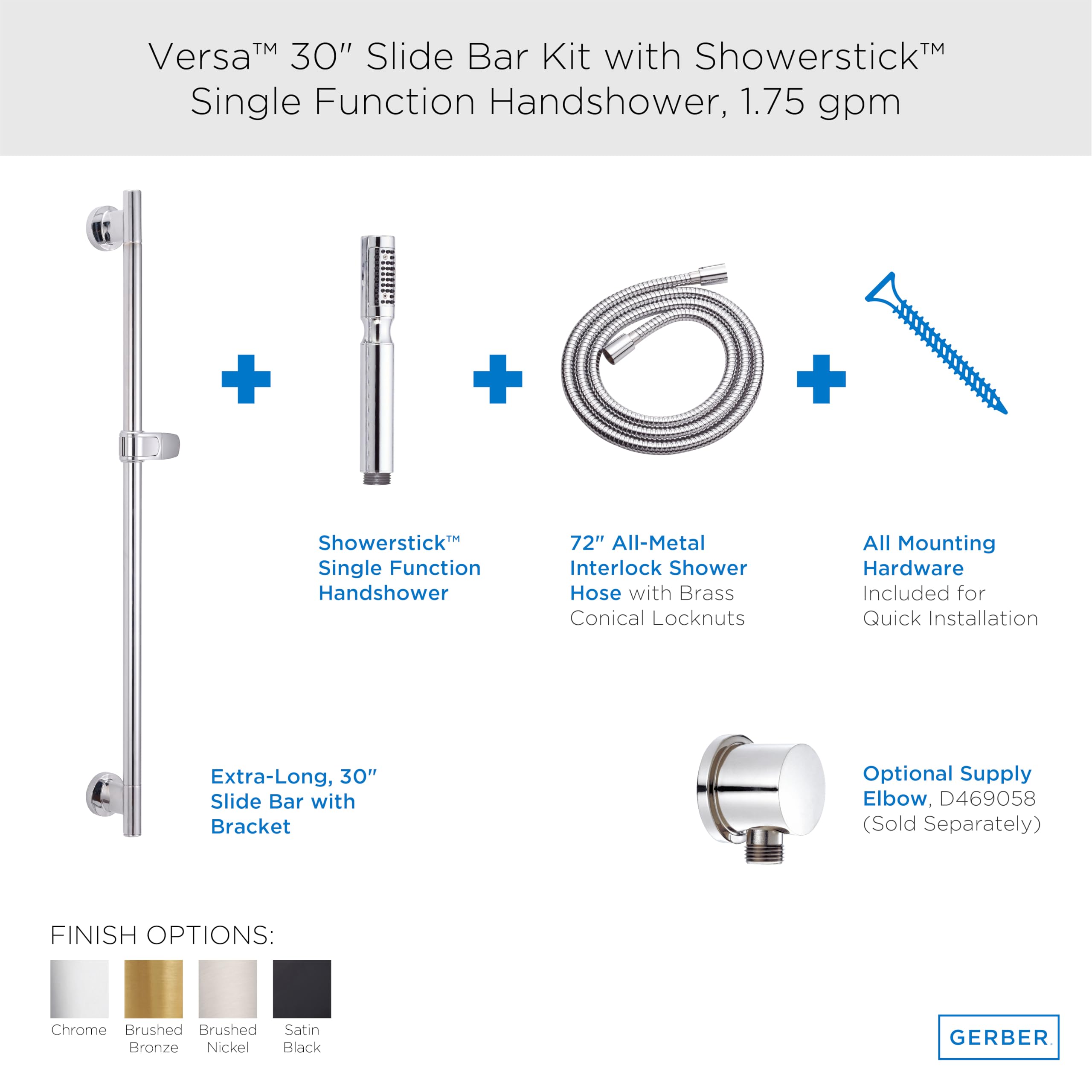 Gerber Versa 1-Spray Round Wall Bar Shower Kit with Hand Shower - Modern Bathroom Fixture for Spa-Like Experience at Home