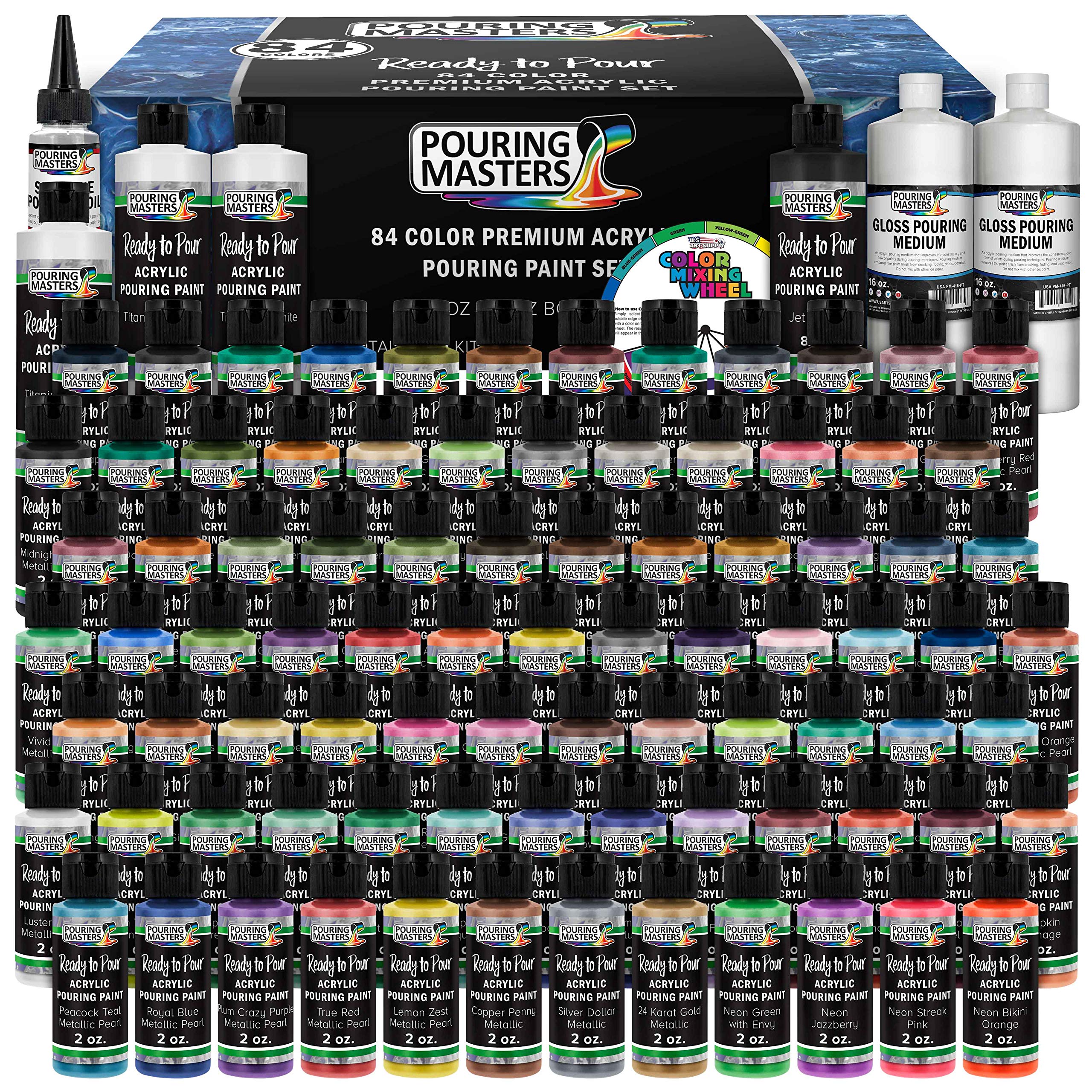 84-Color Ready to Pour Acrylic Paint Set with Silicone Oil & Gloss Medium - Pre-Mixed High Flow 2oz Bottles for Fluid Art - Metallic & Solid Colors for Canvas, Wood Painting - Perfect for DIY Home Decor, Abstract Art & Craft Projects