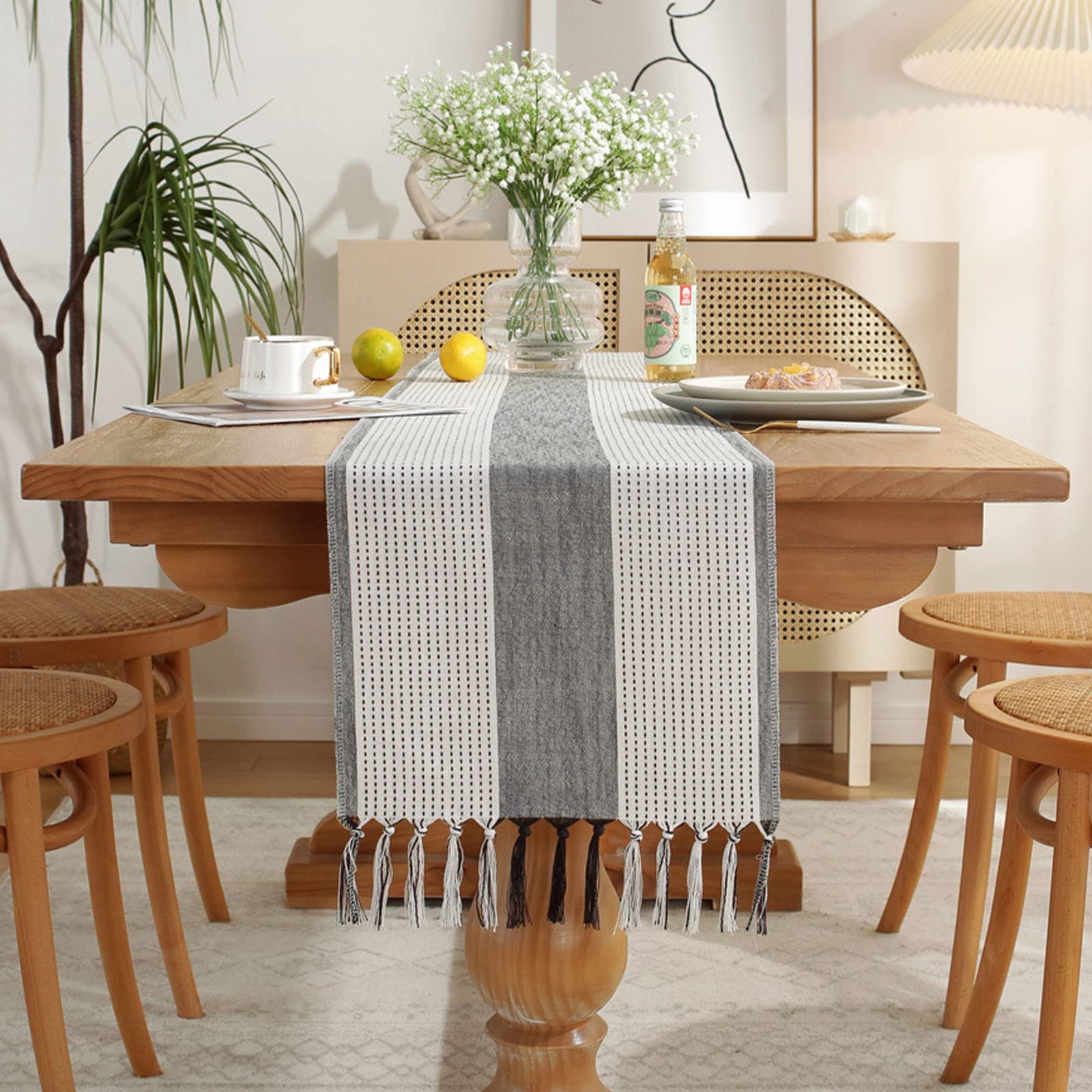 Boho Hemstitched Linen Table Runner 72 Inches Long with Tassels - Rustic Farmhouse Style Table Decor for Dining Room, Holiday Party & Dresser - 13 x 72 Inch Grey - Perfect for Wedding, Thanksgiving & Christmas Decorations