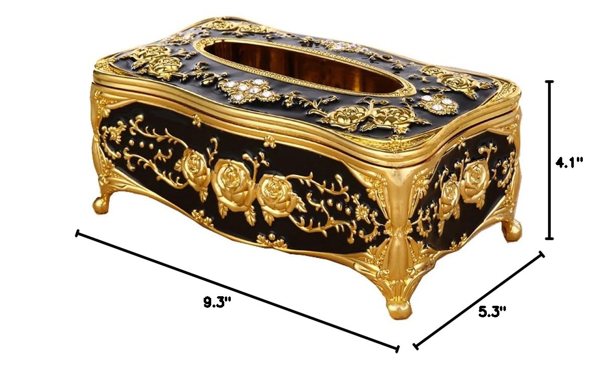 Shining Diamond Engraved Rose Tissue Box Cover - European Style Rectangular Napkin Holder for Home, Office, Bathroom & Travel - Elegant Golden Black Tissue Box Decor - Perfect for Dining Tables, Desks, Vanities & Restaurants