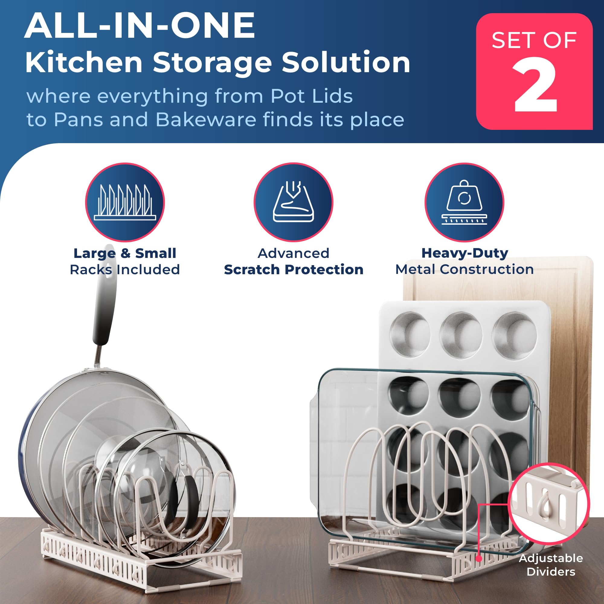 14-Compartment Dual Rack Set - Large & Small Cabinet Organizer for Pots, Pans & Lids - Space Saving Kitchen Storage Solution for Under Sink, Pantry or Drawer (Off White, DUO SET) - Perfect for Small Kitchens & Cluttered Cabinets