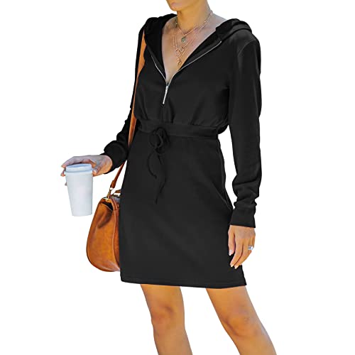 Akivide Women's Long Sleeve Zip Up Hoodie Dress - Athletic Pullover Tunic Sweatshirt for Casual Wear, Workout & Lounge (Size S, Black) | Perfect for Yoga, Running, Gym & Everyday Comfort