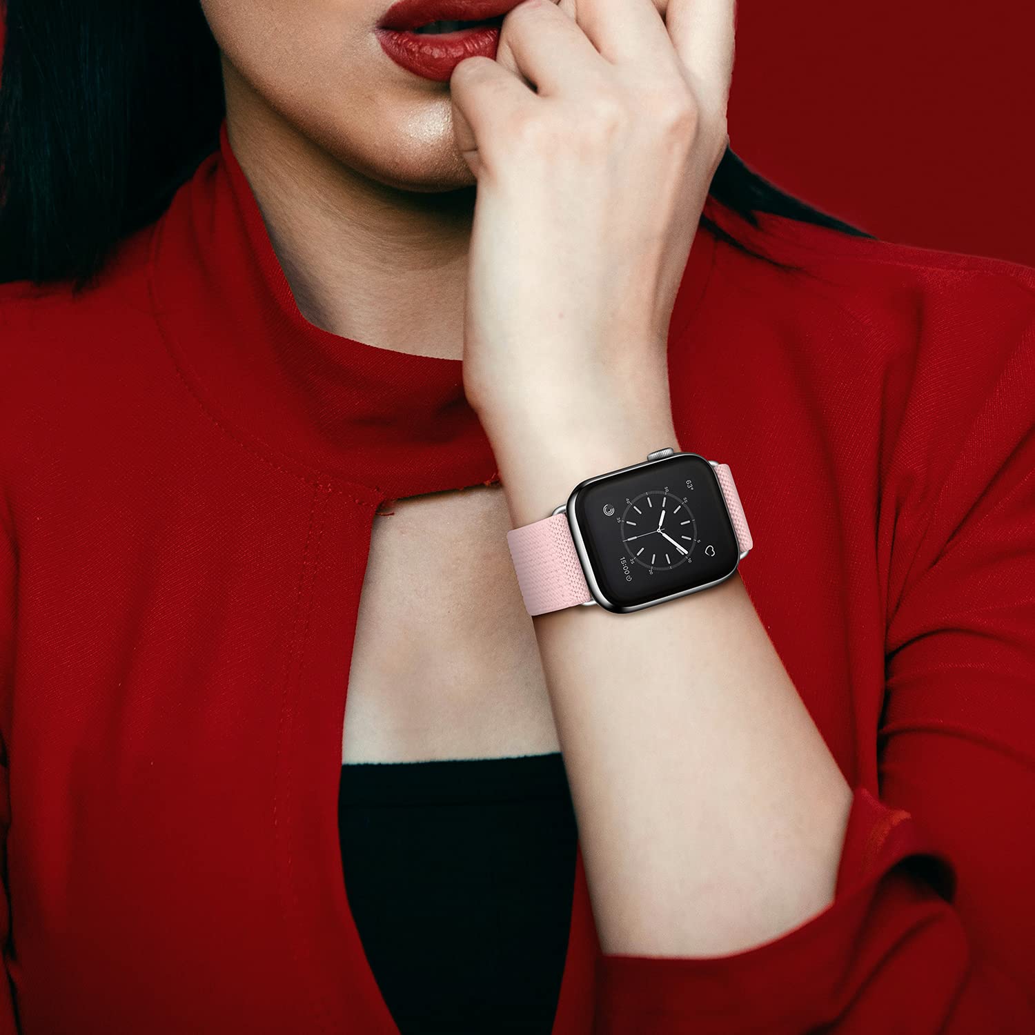 OXWALLEN Stretchy Nylon Solo Loop Band Compatible with Apple Watch Series 9/8/7/6/5/4/3 SE Ultra 2/1 (49mm 45mm 44mm 42mm) - Adjustable Elastic Strap with Stainless Steel Adapter for iWatch in Pink Sand | Perfect for Workouts, Running & Everyday Wear