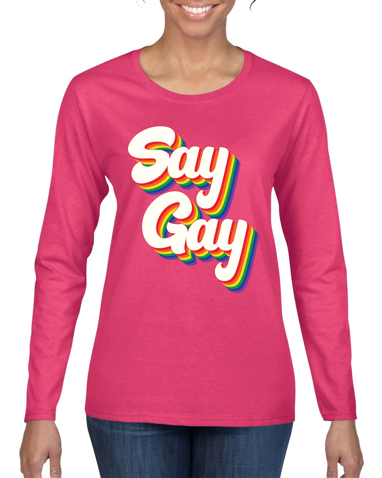 Vintage Rainbow LGBT Pride Graphic Long Sleeve T-Shirt for Women - Retro Say Gay Design - Perfect for Pride Parades, LGBTQ+ Events & Casual Wear