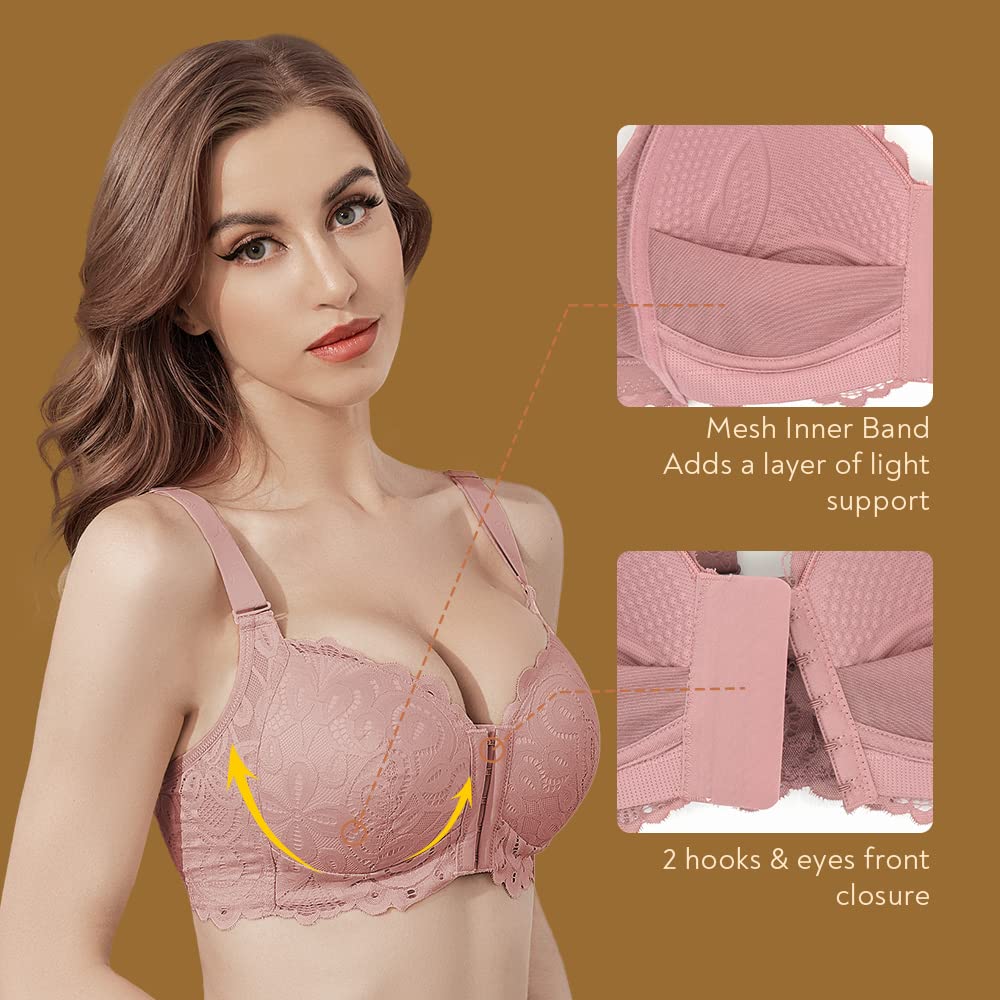 FallSweet Women's Wireless Front Close Comfort Bra - Lace Full Coverage Brassiere for Everyday Wear, Yoga & Lounge