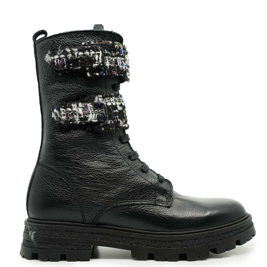 Blublonc Black Leather Tweed Velcro Boots for Women - Stylish Winter Ankle Boots with Non-Slip Sole | Perfect for Outdoor Walking, Work & Casual Wear
