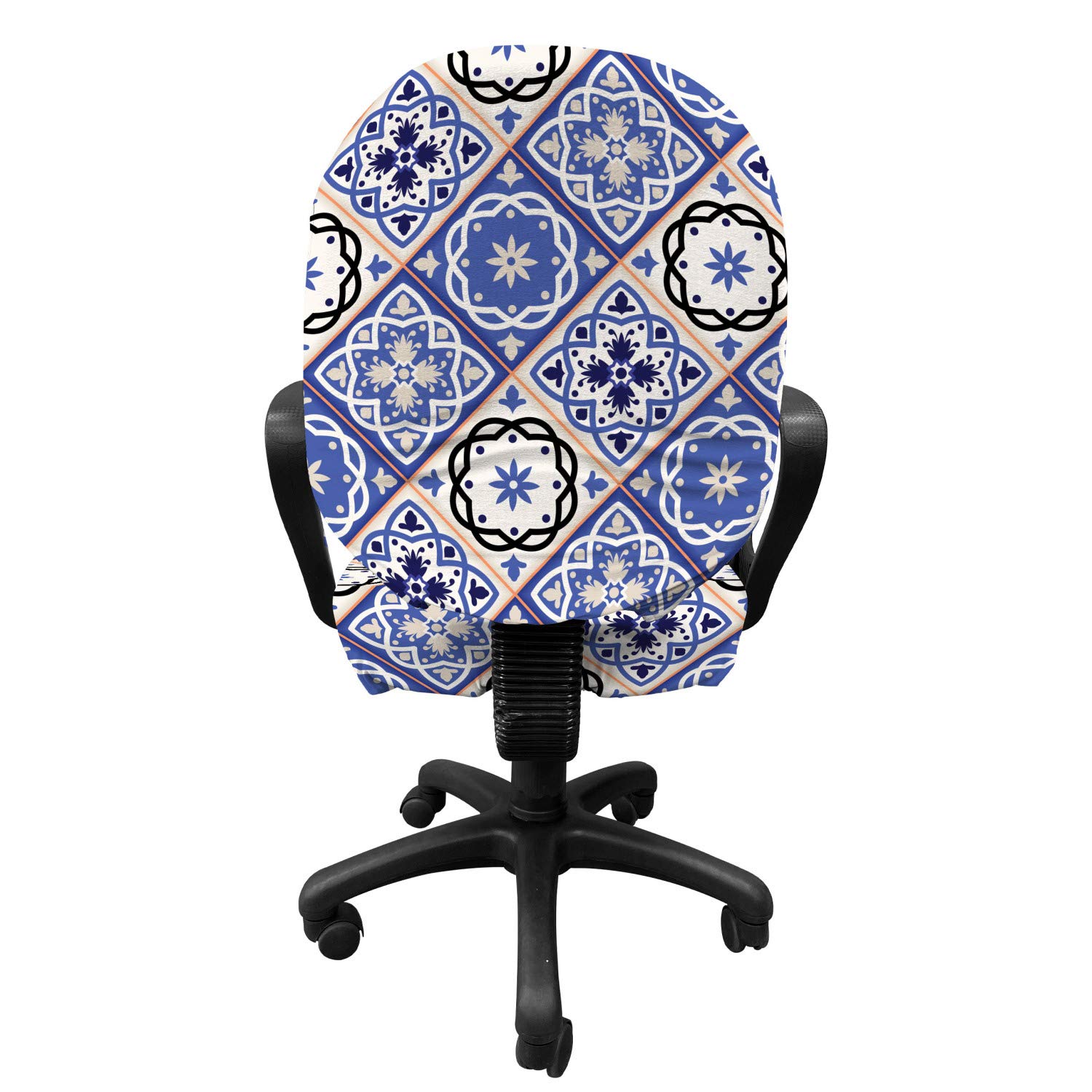 Ambesonne Moroccan Office Chair Slipcover - Geometric Tile Squares Azulejo Design Stretch Fabric Cover - Standard Size Washable Chair Cover in Violet Blue Black & Cream - Perfect for Home Office, Study Room & Workspace Decor