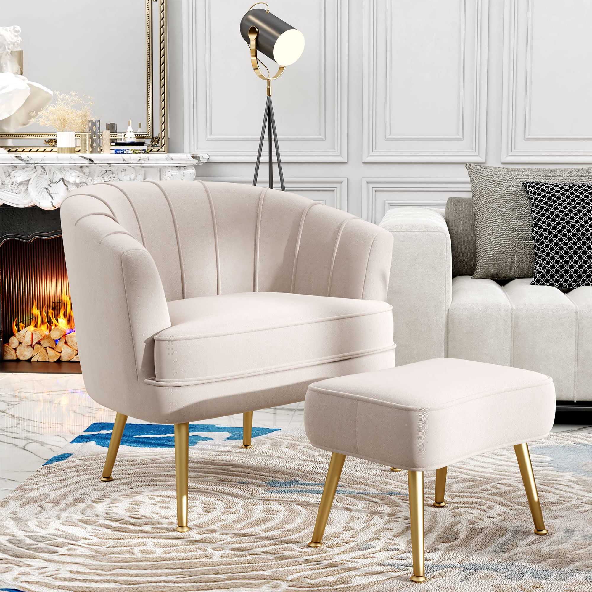 Andeworld Velvet Accent Chair with Ottoman - Modern Upholstered Barrel Club Armchair with Golden Metal Legs, Comfortable Living Room Side Chair for Bedroom, Office, Reading Nook - Beige Velvet Sofa | Perfect for Small Spaces, Lounge Areas & Home Decor