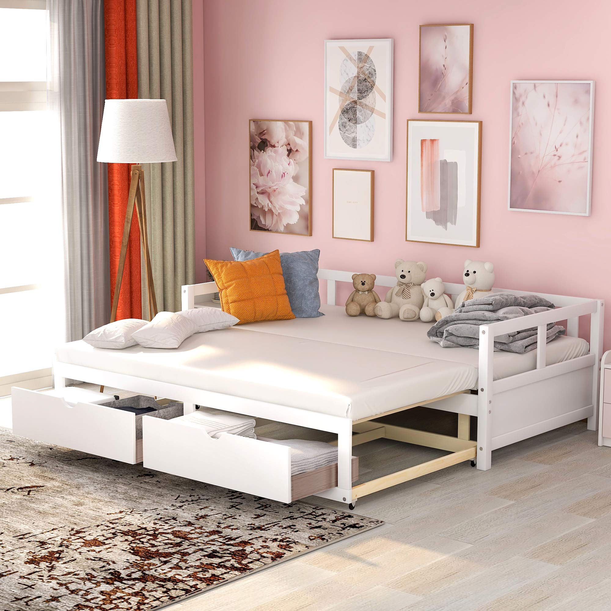 Merax White Wooden Daybed with Trundle & 2 Storage Drawers - Convertible Sofa Bed for Small Spaces, Guest Room & Living Room - Space-Saving Multi-Functional Furniture for Apartments, Dorms & Home Office