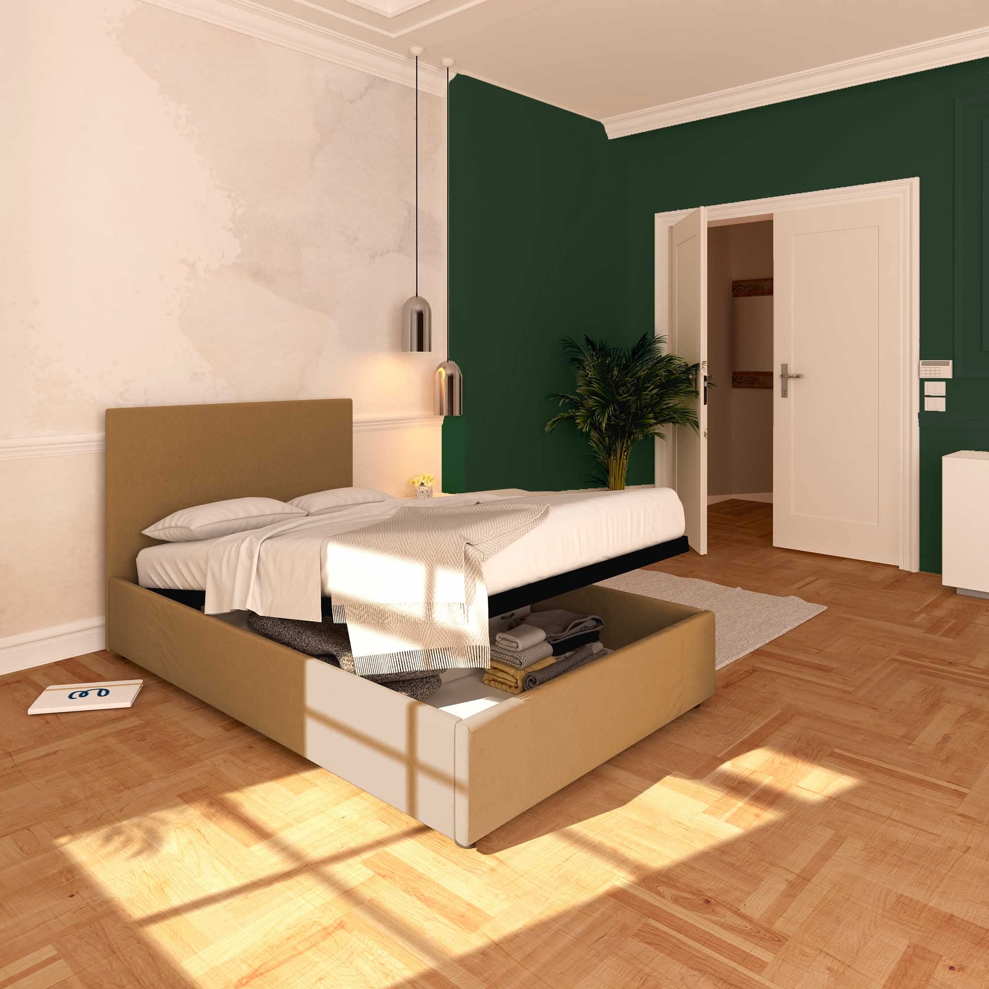 Baldiflex Queen Size Bed with Storage, Rossano Model in Faux Leather, Slatted Base for Queen Mattress, 120 x 200 cm, Elegant Headboard in Light Brown - Perfect for Modern Bedrooms & Small Space Living