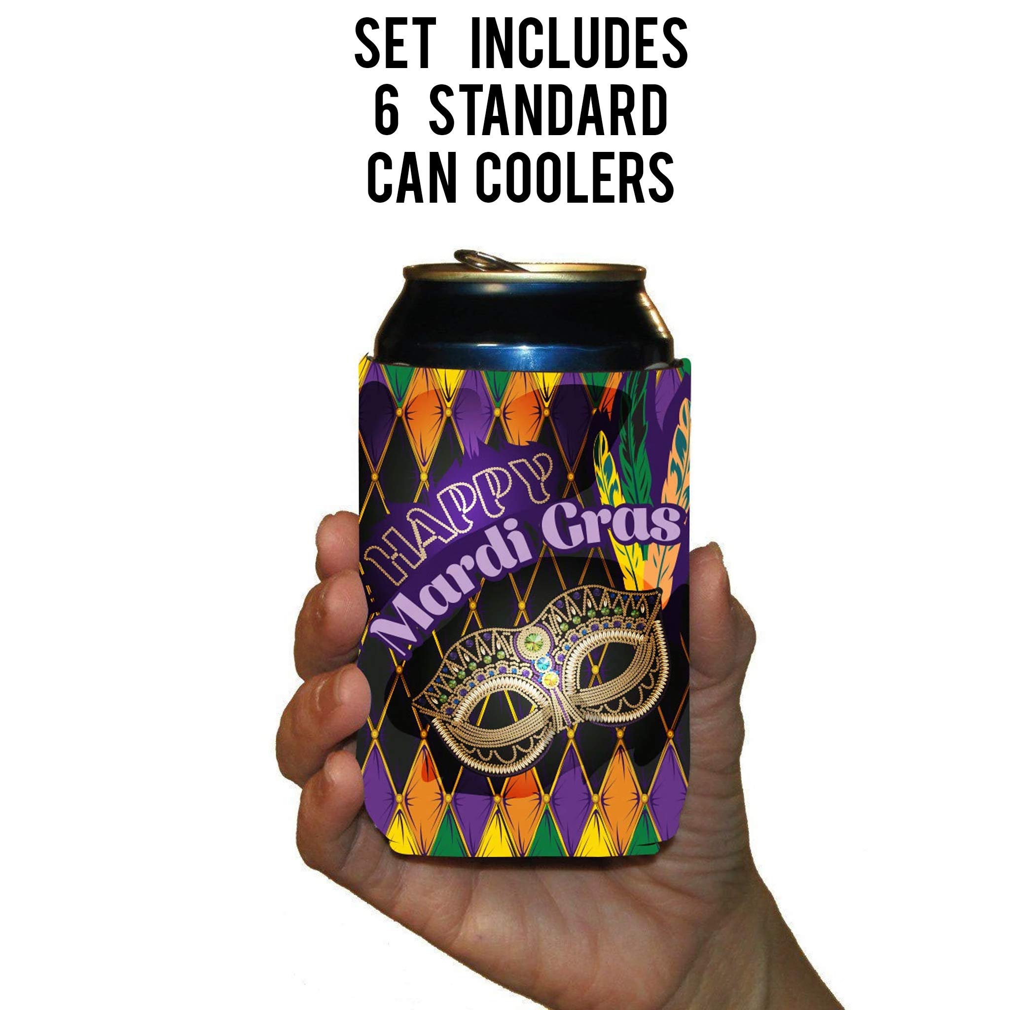 VictoryStore Mardi Gras Party Set - 6 Standard & 6 Slim Can Coolers, 2 Cornhole Boards & 8 Bags - Perfect for Masquerade Parties, Carnival Events & Backyard Tailgating Games