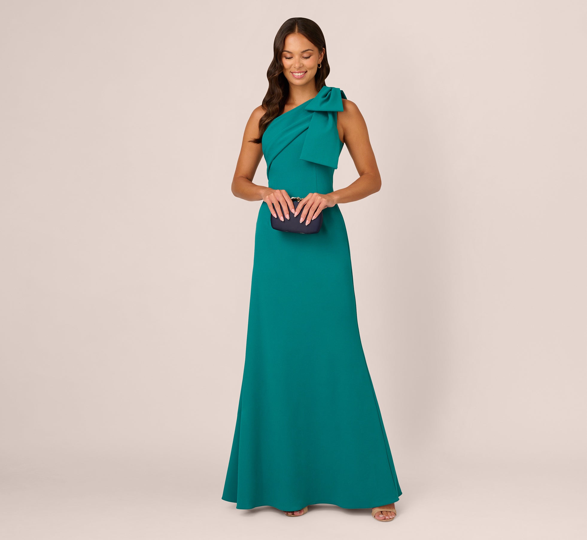 Elegant Stretch Crepe One Shoulder Mermaid Gown with Bow Accent in Tempo Teal - Perfect for Prom, Evening Gala, and Formal Events
