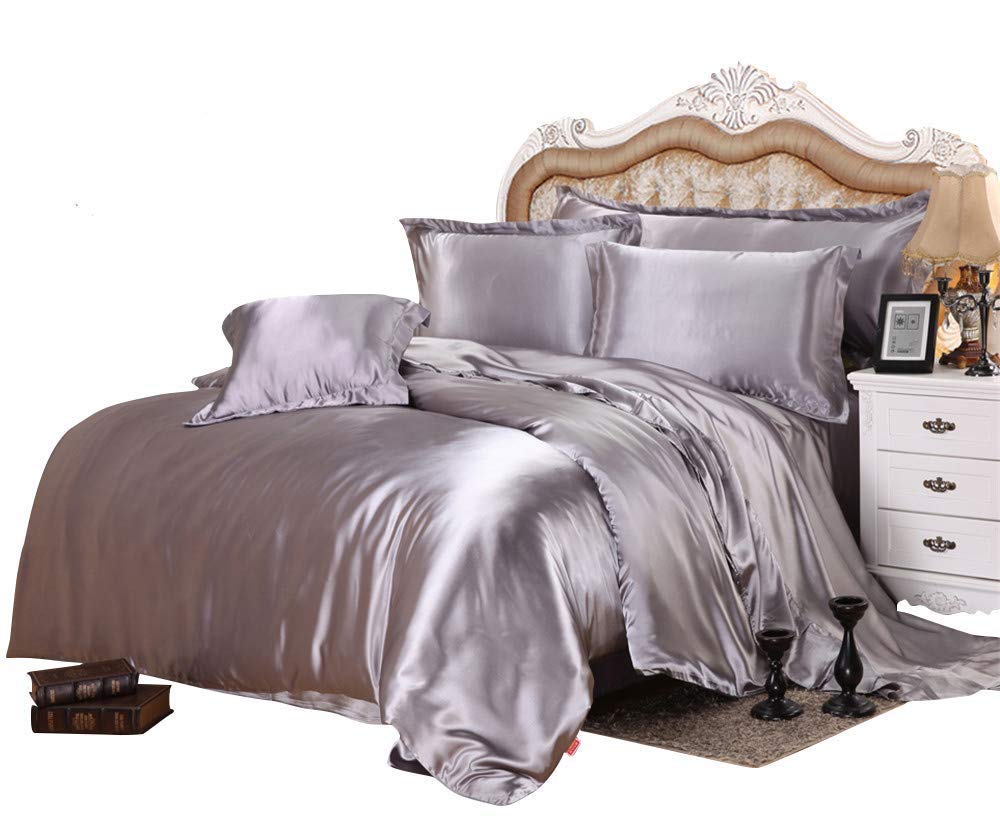World of Bedding Twin Comforter Set - 7 Piece Satin Twin Size Bedding Set (Comforter + Flat Sheet + Fitted Sheet + 4 Pillowcases) 600 GSM Silver Duvet Insert - Luxurious Bedroom Upgrade for Guest Rooms, Dorms & Cozy Nights