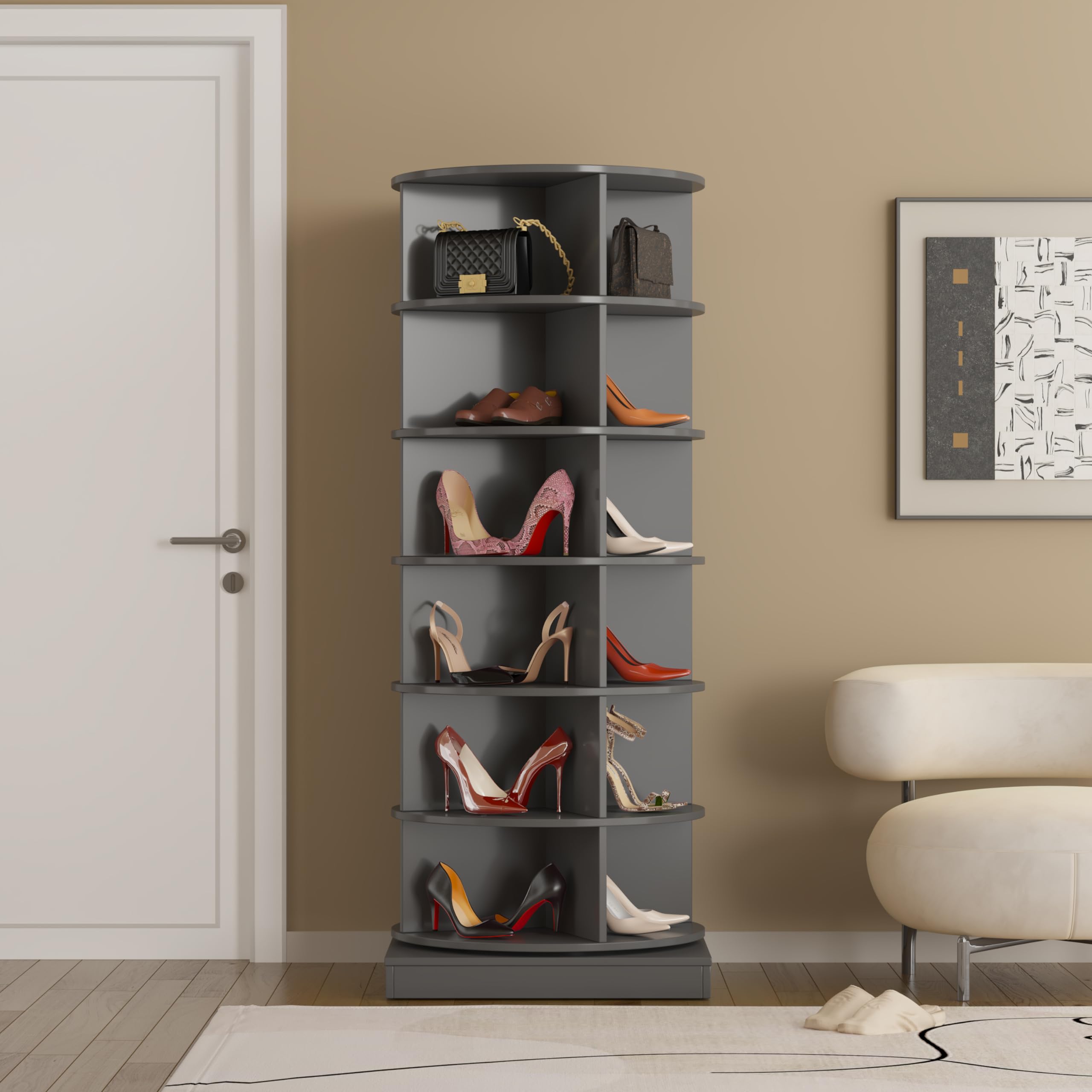 360° Rotating Shoe Rack - 6-Tier Free Standing Spinning Shoe Organizer with Wooden Frame, Holds 24 Pairs - Modern Grey Shoe Storage Cabinet for Closet, Entryway, Living Room - Perfect for Small Spaces & Shoe Lovers