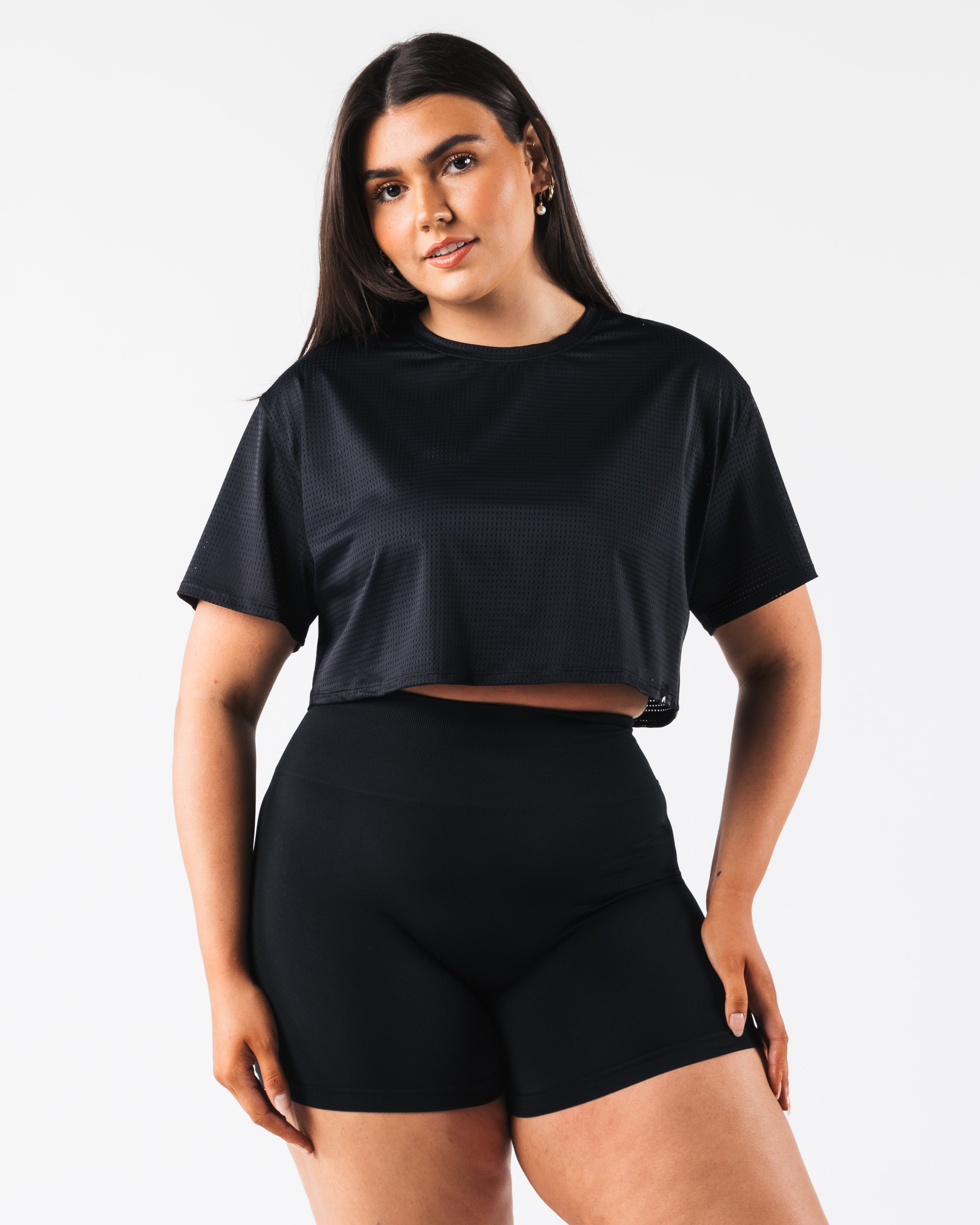 Margo Mesh Crop Tee - Women's Fashion Black Short Sleeve T-Shirt for Summer, Gym, and Streetwear Outfits