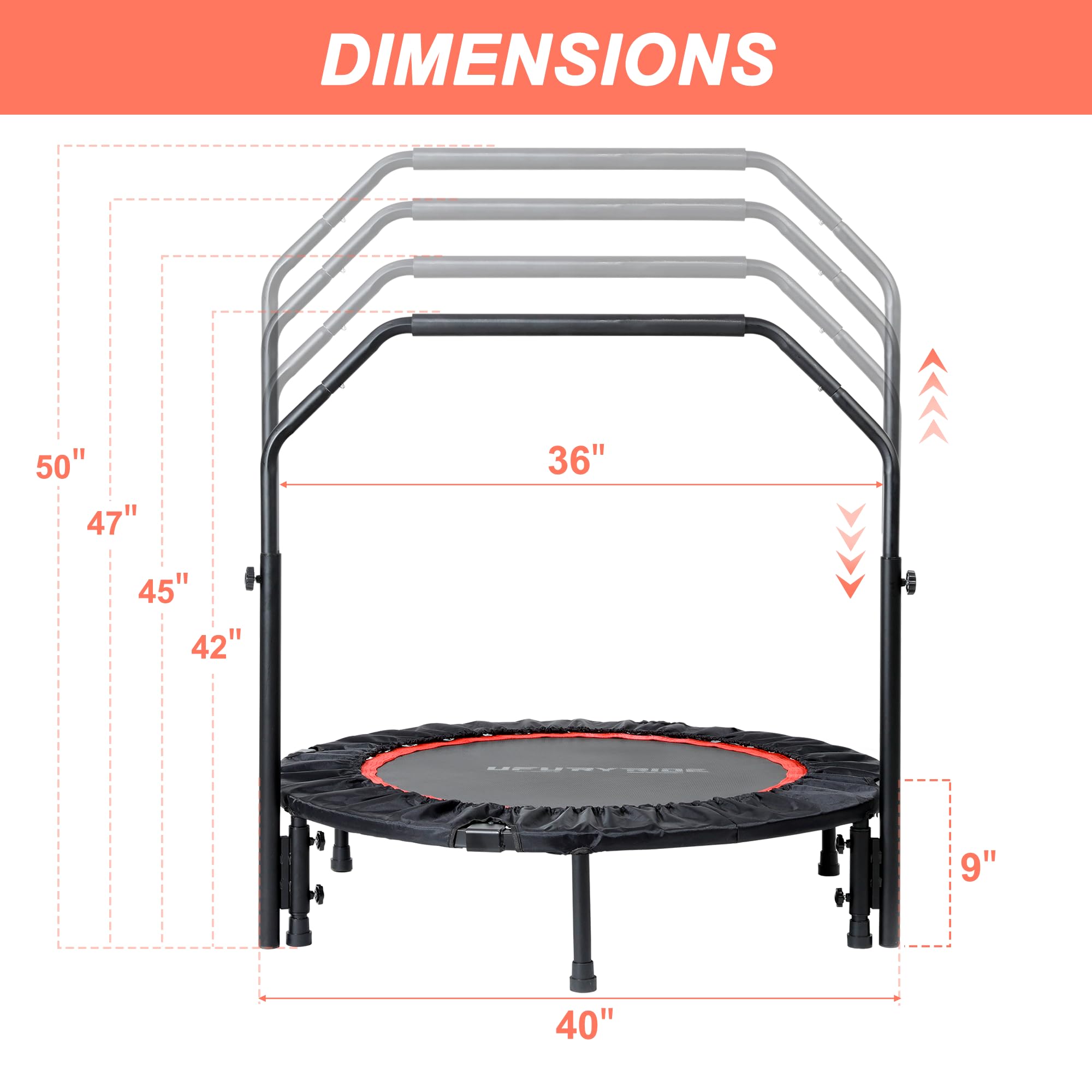 40” Foldable Mini Exercise Trampoline with Adjustable Foam Handle - 330lbs Weight Capacity Fitness Rebounder for Adults - Indoor/Outdoor Workout, Cardio Training & Home Gym Equipment