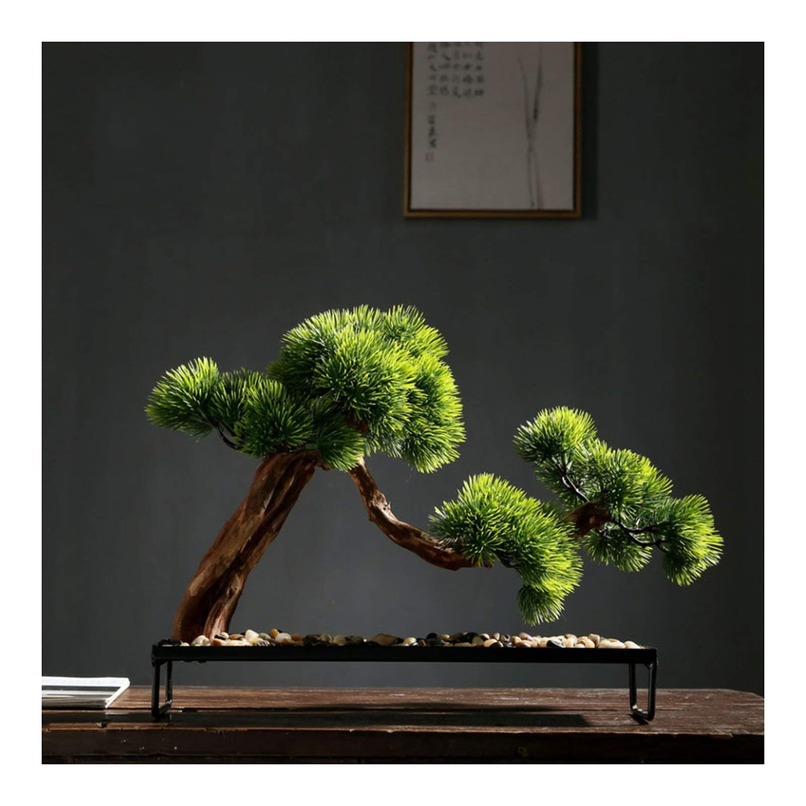 KGDC Realistic Faux Bonsai Tree - Mini Zen Desktop Plant with Metal Base & Pebbles - Artificial Indoor Houseplant for Living Room, Office, Meditation Space - Low Maintenance Decorative Fake Plant for Home & Workspace
