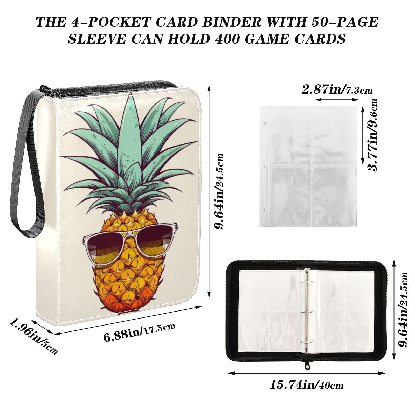 Joko Ivery Pineapple Sunglasses Trading Card Binder - 4 Pocket PU Leather Zip Album with 400 Side Loading Pockets | Durable Card Holder for Sports, Gaming & Collectible Cards | Perfect for Boys, Girls & Card Game Enthusiasts | Great for Storage, Organization & Trading Events