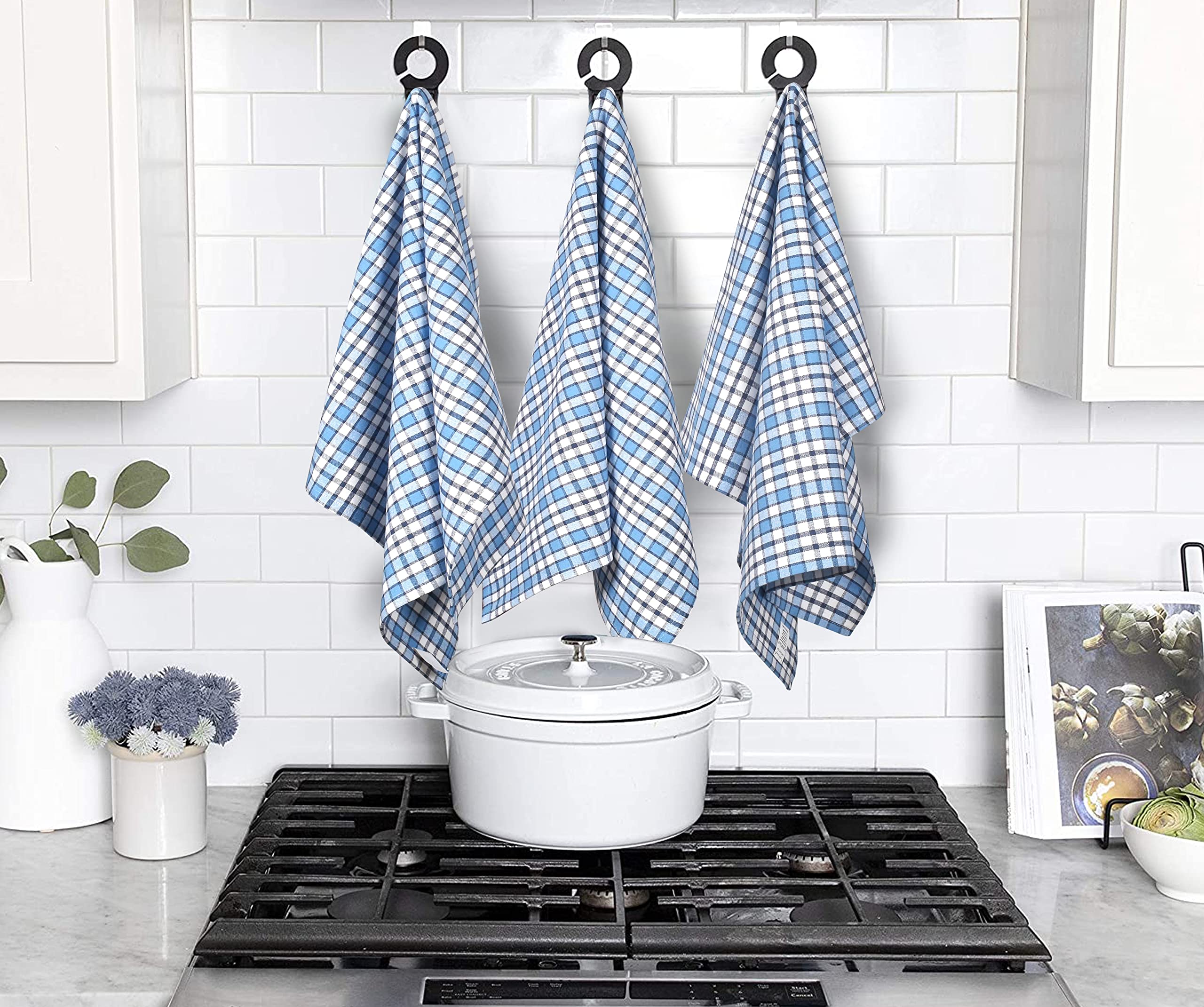 Premium Cotton Kitchen Towels Set of 6 - Super Absorbent & Soft for Cooking & Cleaning (Blue Windowpane)