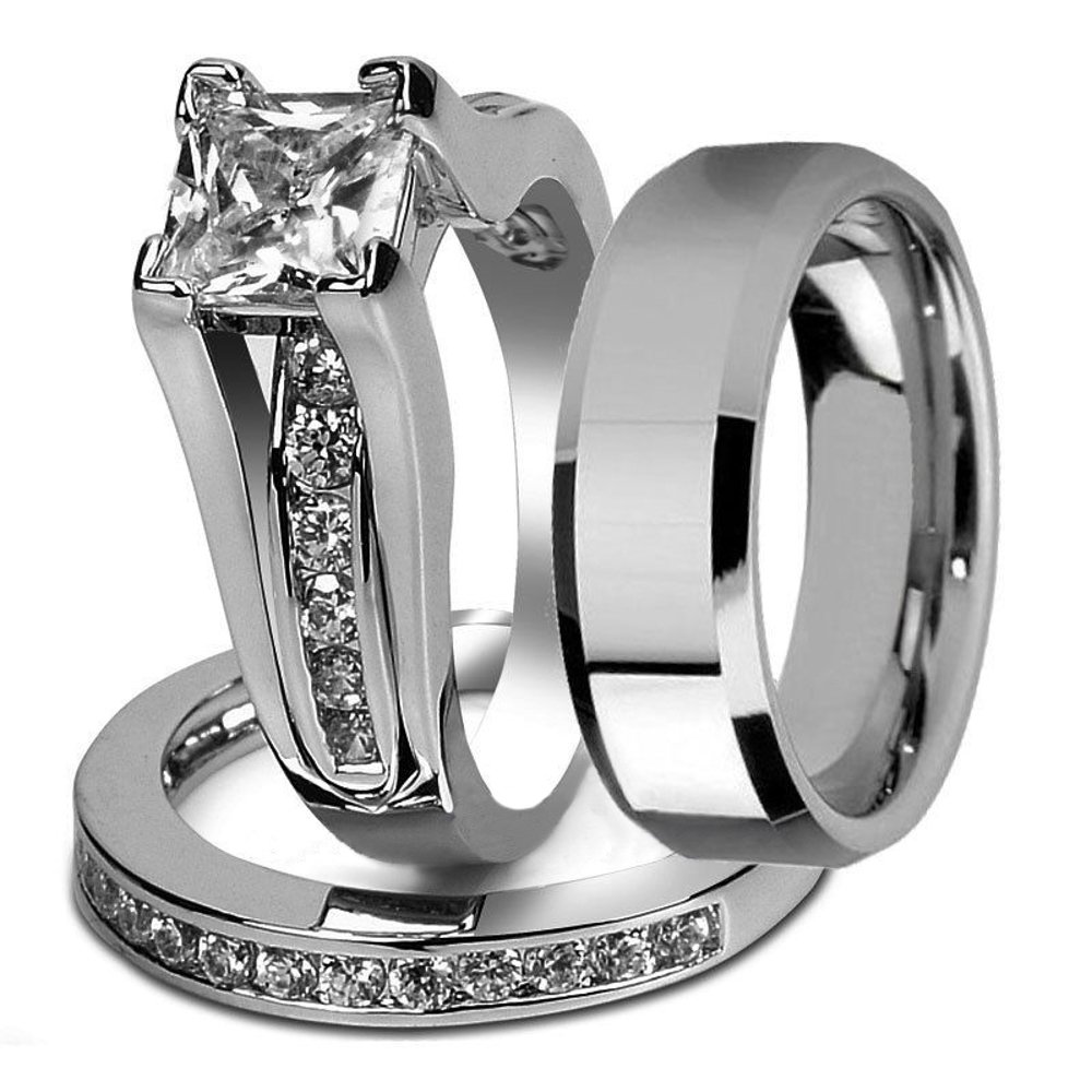 His and Hers Stainless Steel Princess Cut Wedding Ring Set with Beveled Edge - Perfect for Couples, Anniversaries, and Romantic Occasions