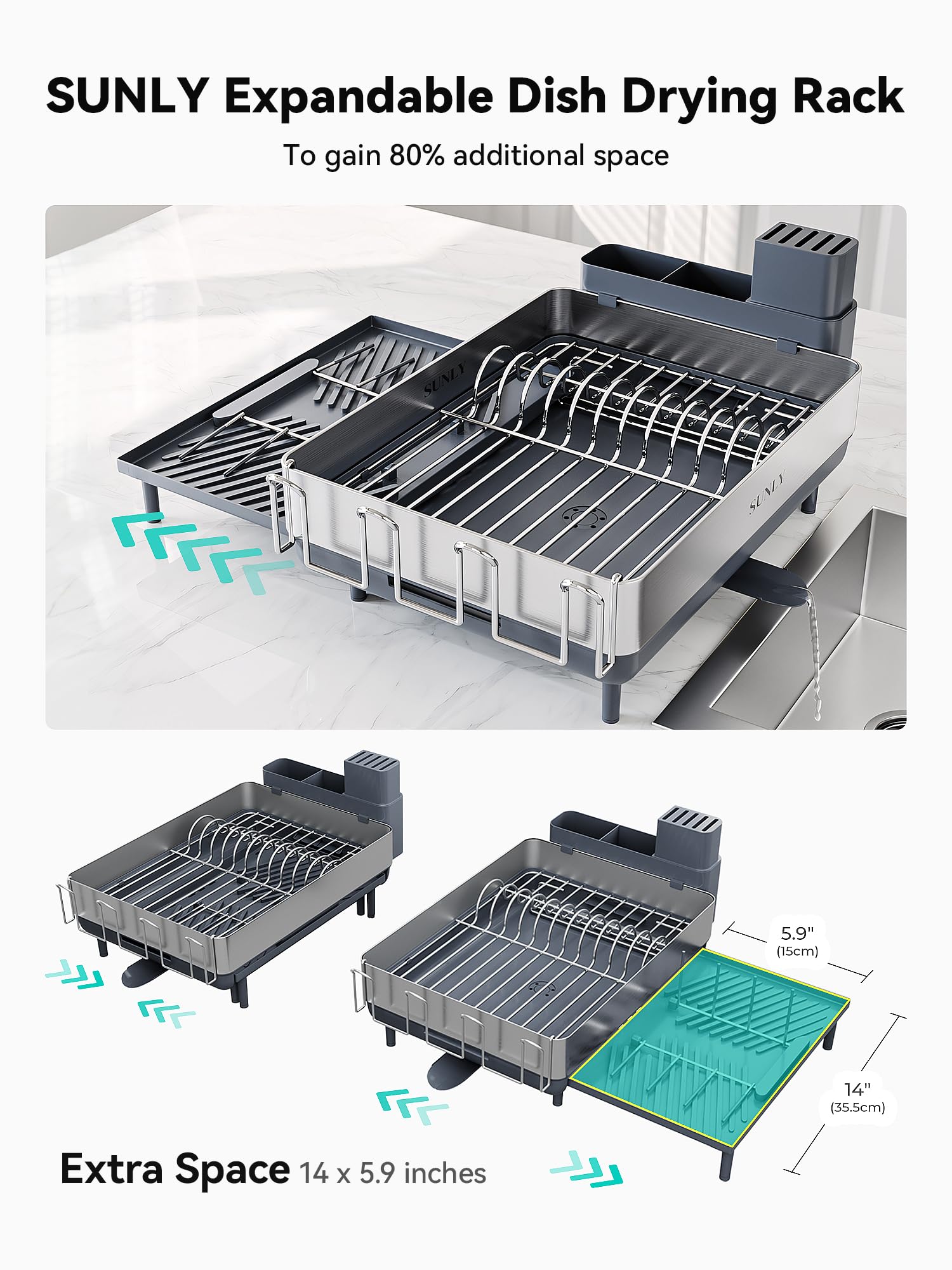 **SUNLY Large Expandable Dish Drying Rack - 304 Stainless Steel Space-Saving Kitchen Counter Drainer with Flip-Up Pegs | Perfect for Small Kitchens, Apartments & Dishwashing Organization**