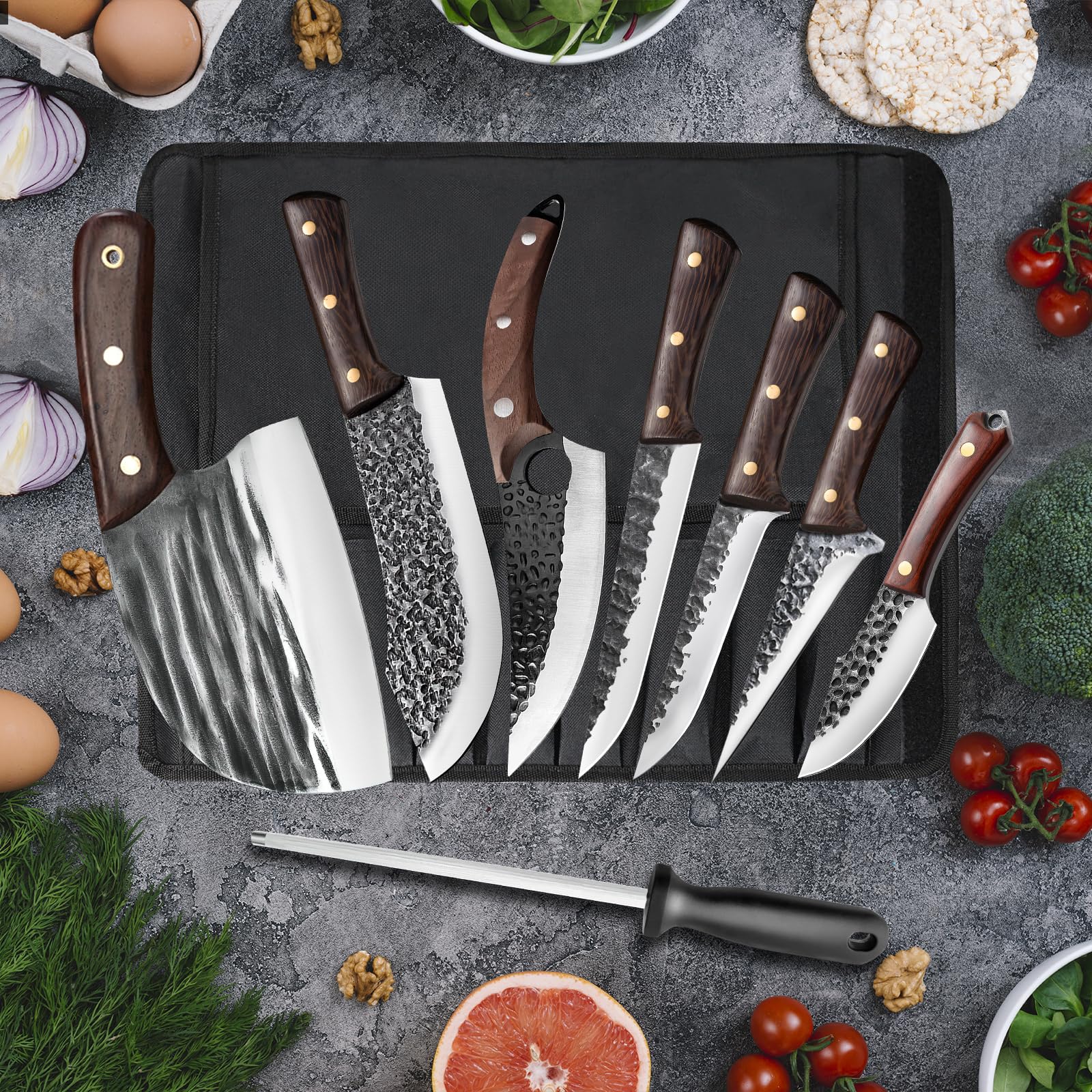Premium 8-Piece Butcher Knife Set with Roll Bag - Professional Chef Knives for Meat Cutting, Viking Cleavers with Ergonomic Handles - Hand Forged Stainless Steel Kitchen Knife Set for Home Cooking, BBQ, Camping & Outdoor Adventures