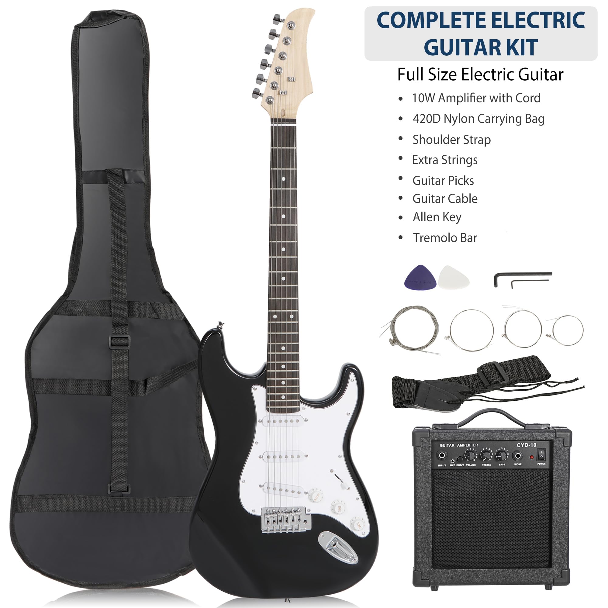 39 Inch Full Size Electric Guitar Beginner Starter Kit with 10W Amp, Gig Bag, Strap, Strings, Tuner, Cable & Picks - Perfect for Beginners, Practice, Home Studio & Live Performances (Black)