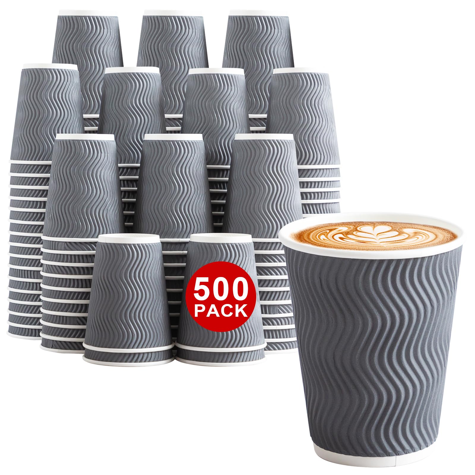 Lamosi 500 Count 12 oz Insulated Disposable Paper Coffee Cups Bulk - No Lids, Corrugated Ripple Wall Design for Hot Beverages (Grey) - Perfect for Coffee Shops, Offices, Catering & Events