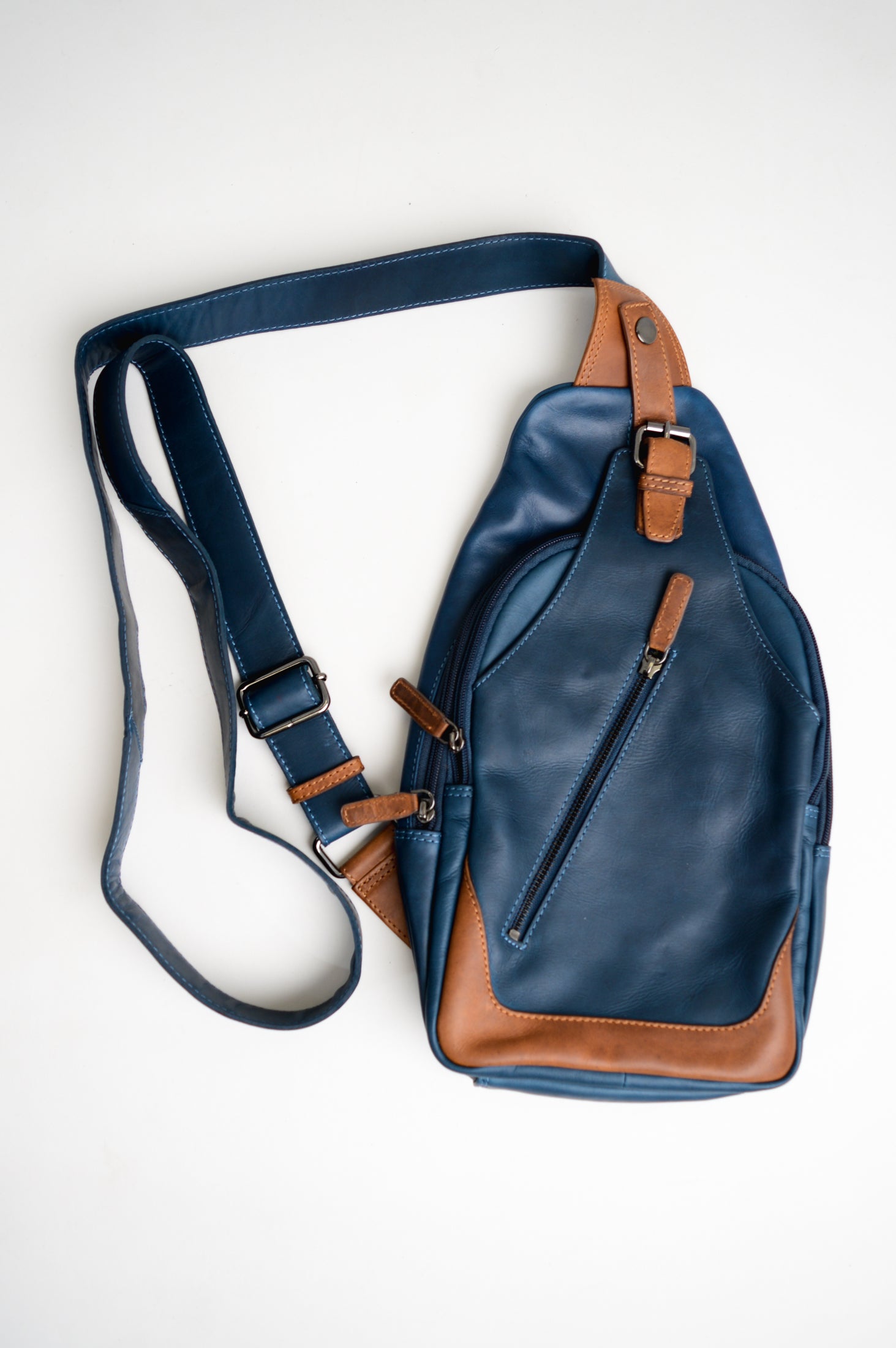 Adrian Klis 1854 Sling Bag - Premium Buffalo Leather Crossbody Bag in Blue & Tan | Perfect for Travel, Work & Everyday Use