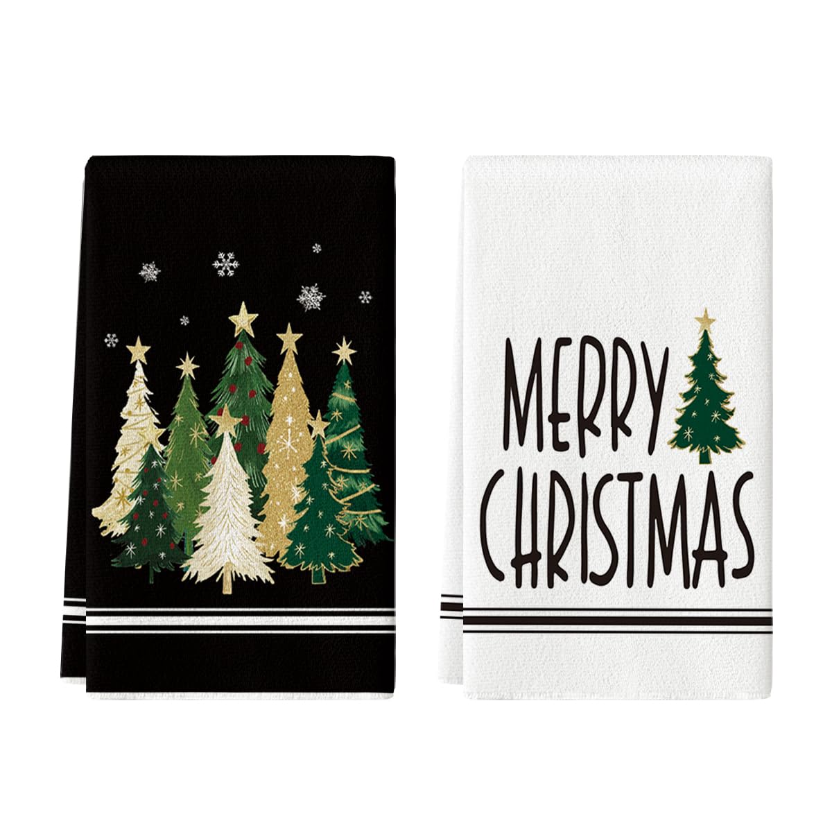 Artoid Mode Black Christmas Tree Kitchen Towels - Set of 2 Farmhouse Star Holiday Dish Towels 18x26 Inch for Winter Decor & Merry Christmas Gifts - Perfect for Holiday Kitchen Decor, Hostess Gifts & Farmhouse Style Homes