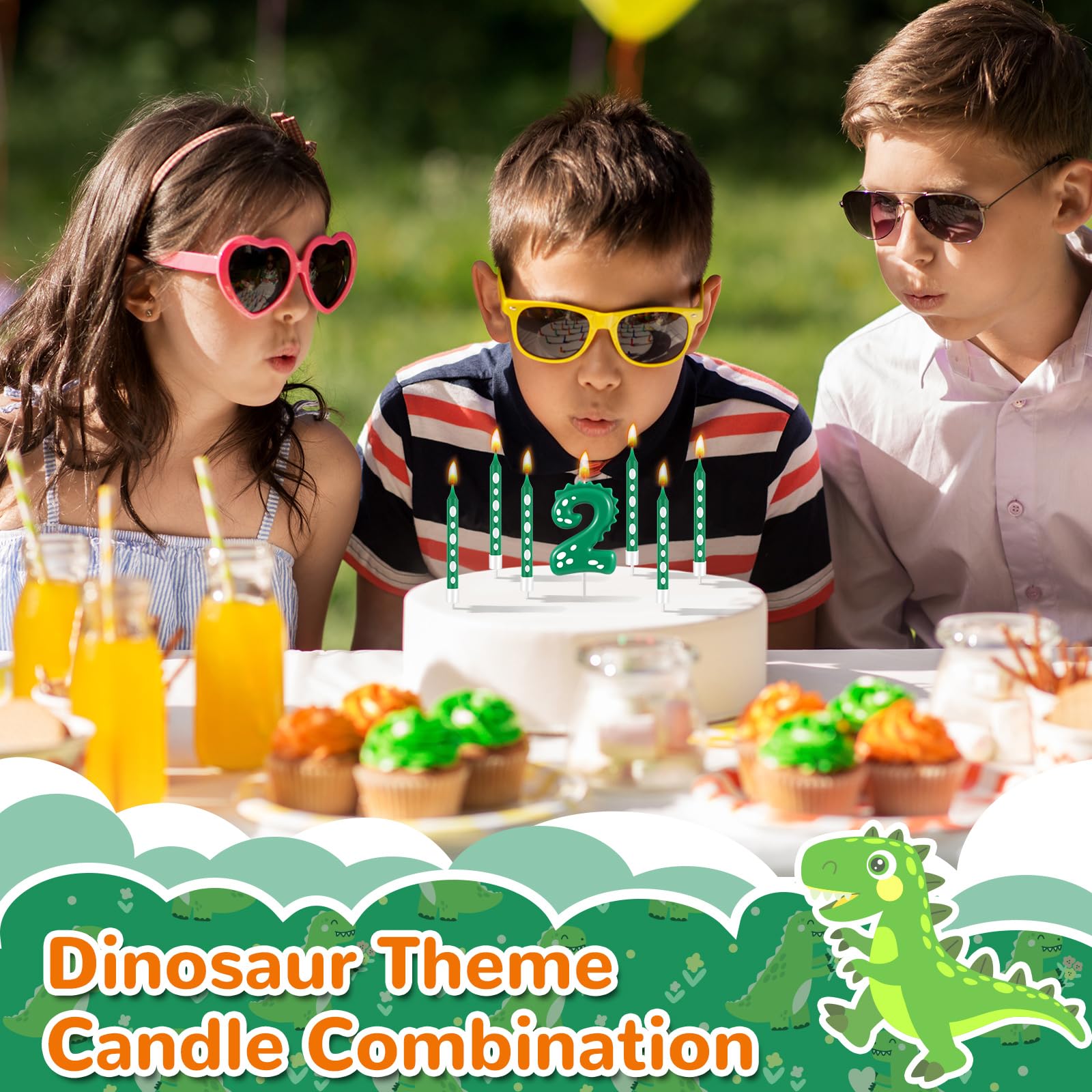Dinosaur Birthday Candles Set - 12 Green & White Number 2 Candles (2.36x1.8 Inch) & 3.1 Inch Tall Dino Candles for Dinosaur Theme Party Decorations | Perfect for Kids Birthday Cakes, Cupcakes, and Jurassic Themed Celebrations
