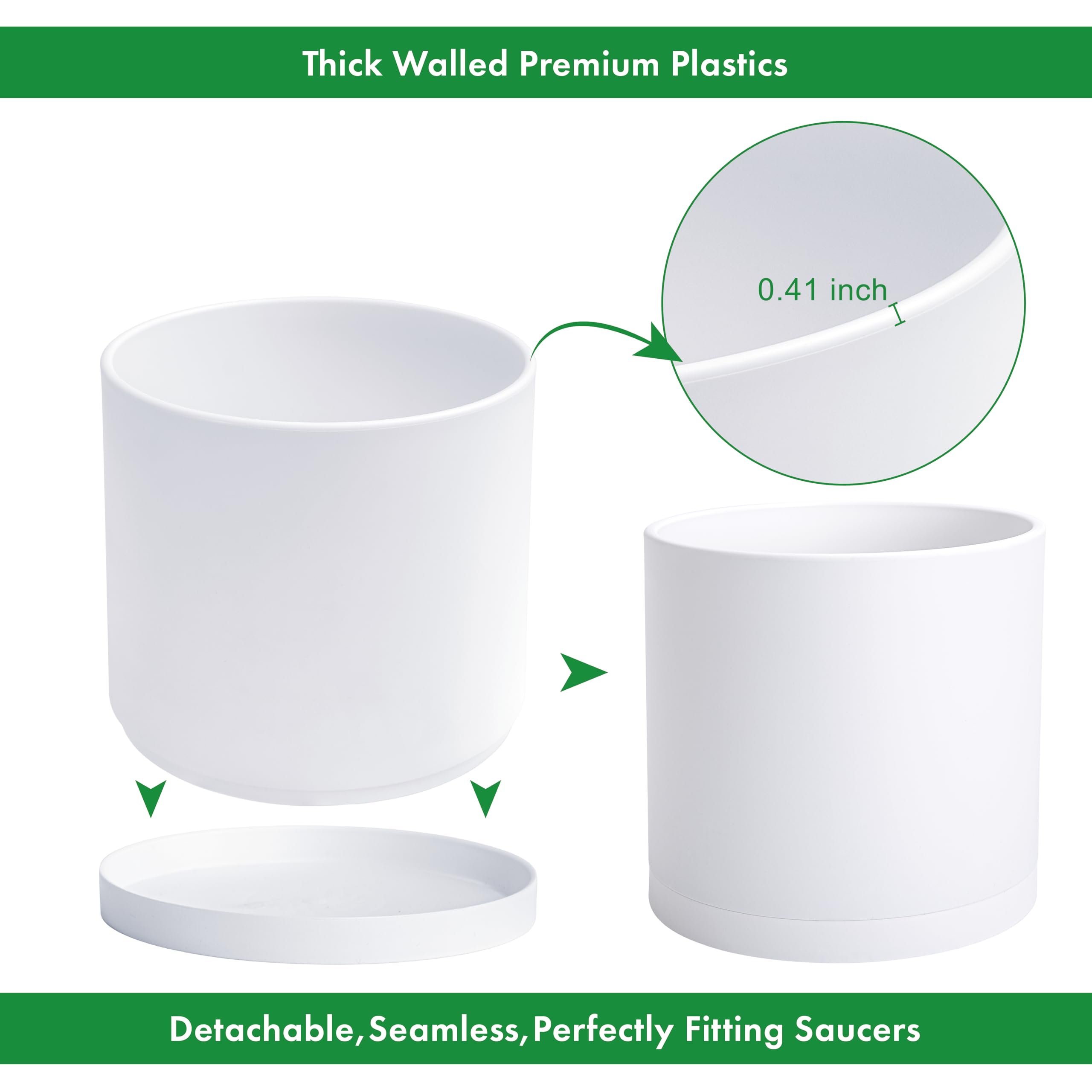 14 Inch White Plastic Planter Pots with Drainage Hole & Saucer - D'vine Dev Flower Pots for Indoor Outdoor Plants - Perfect for Home Garden, Patio, Balcony Decor