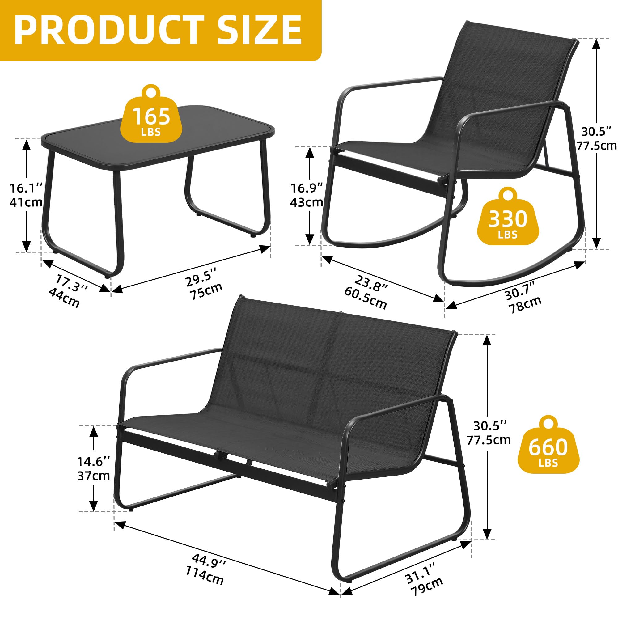**DWVO 4-Piece Patio Furniture Set - 2 Rocking Chairs, Sofa & Glass Coffee Table - Outdoor Conversation Set for Porch, Deck, Garden, Backyard, Poolside - Black**    *(Perfect for Relaxing, Entertaining, or Enjoying Coffee Outdoors!)*