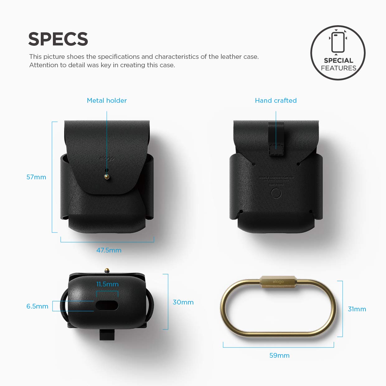 Premium Genuine Leather Case for AirPods 1 & 2 - Natural Cowhide Cover with Brass Ring Holder | Wireless Charging Compatible | Perfect for Travel, Work & Everyday Use [Black]