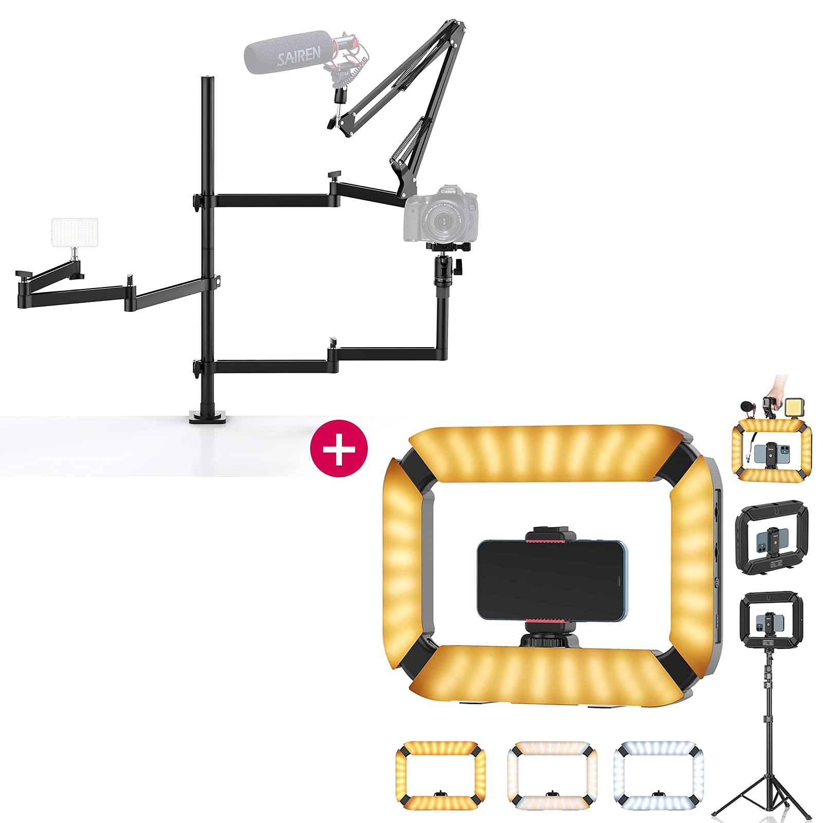 PICTRON ULANZI DSLR Desk Mount Camera Stand with Boom Arm for Live Streaming - ULANZI U200 Smartphone Video Rig & LED Ring Light Kit - Perfect for YouTube, TikTok, and Vlogging Studios