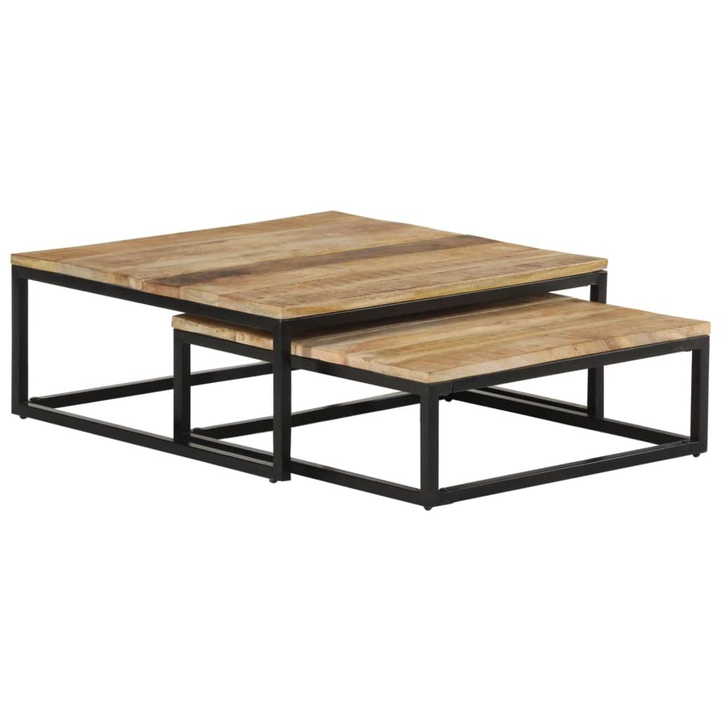 vidaXL 2-Piece Nesting Coffee Table Set with Iron Frame - Solid Mango Wood Industrial End Tables for Living Room & Bedroom | Perfect for Small Spaces & Modern Home Decor