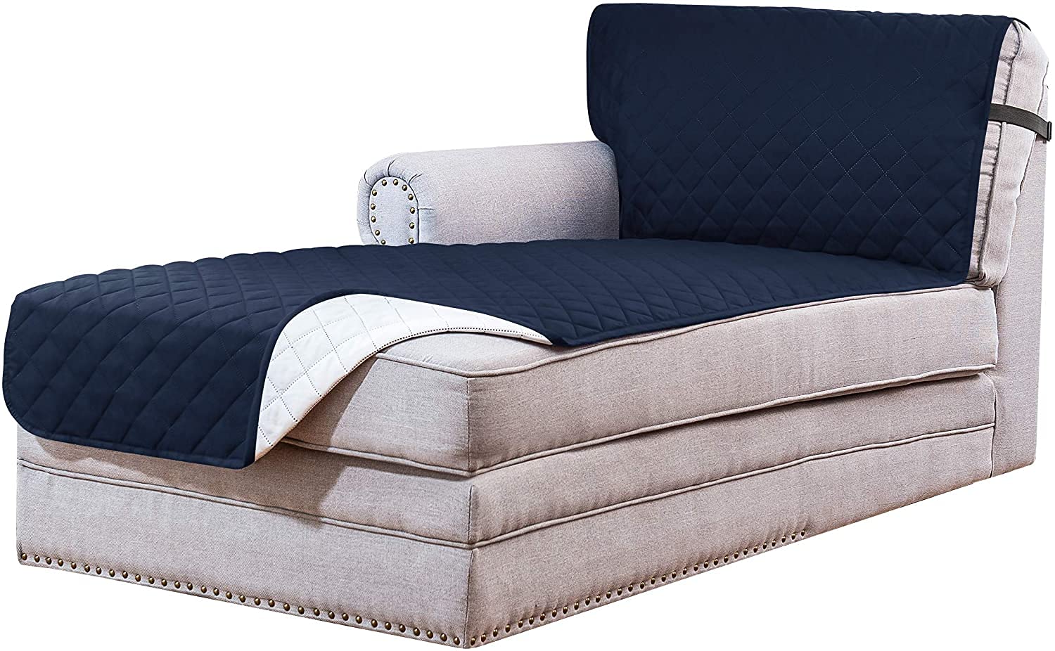 GAWEKIQE Reversible Sofa Chaise Cover with Elastic Strap - Soft Cozy Washable Slipcover for Kids & Pets - Thickened Furniture Protector for Bedroom, Living Room (Navy) - Perfect for Pet Owners, Families with Kids & Home Decor Refresh