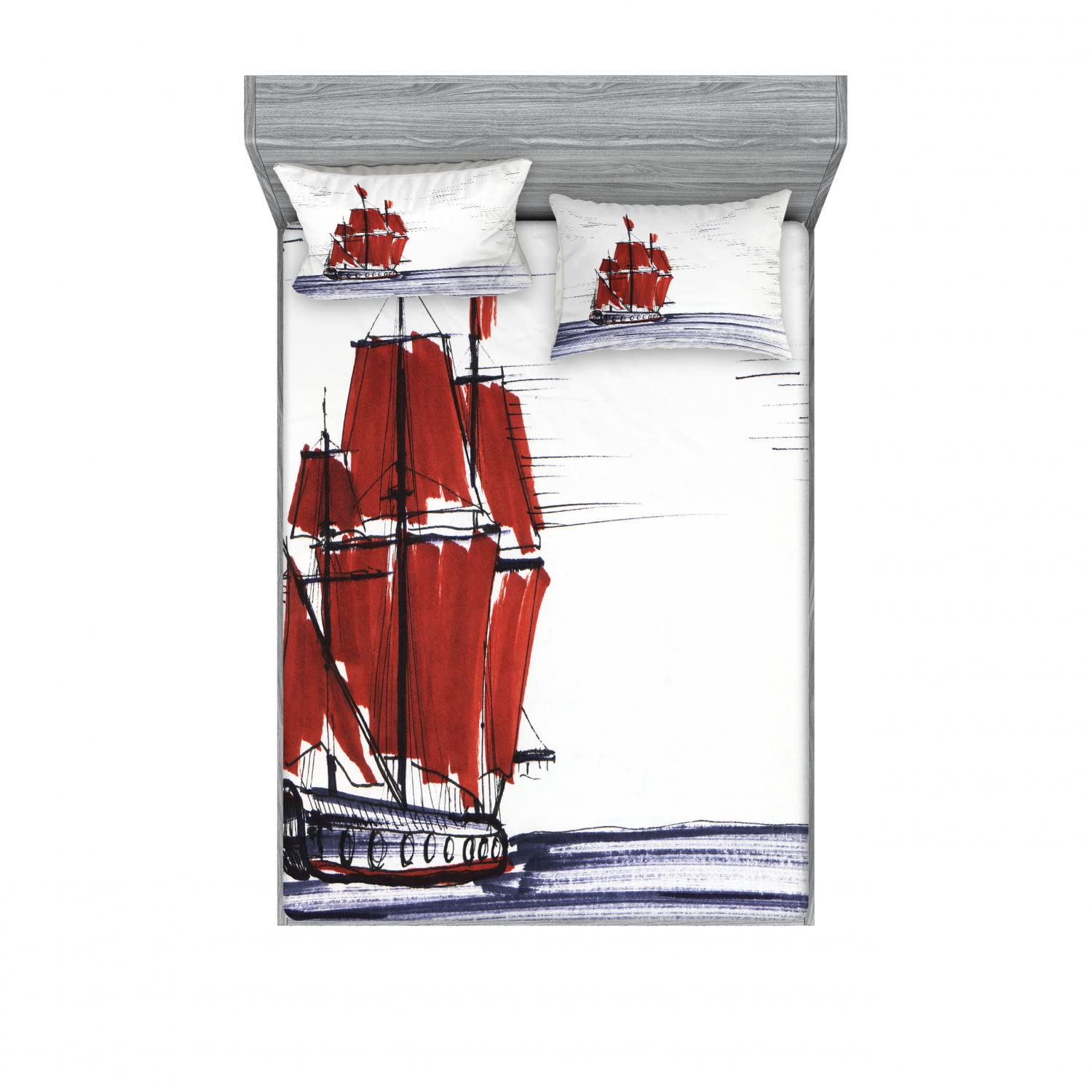 Ambesonne 2-Pack Queen Size Fitted Sheet & Pillow Sham Set - Nautical Sailing Ship Design, Dark Purple Ruby Black 4-Piece Bedding Set for Coastal & Maritime Themed Bedrooms