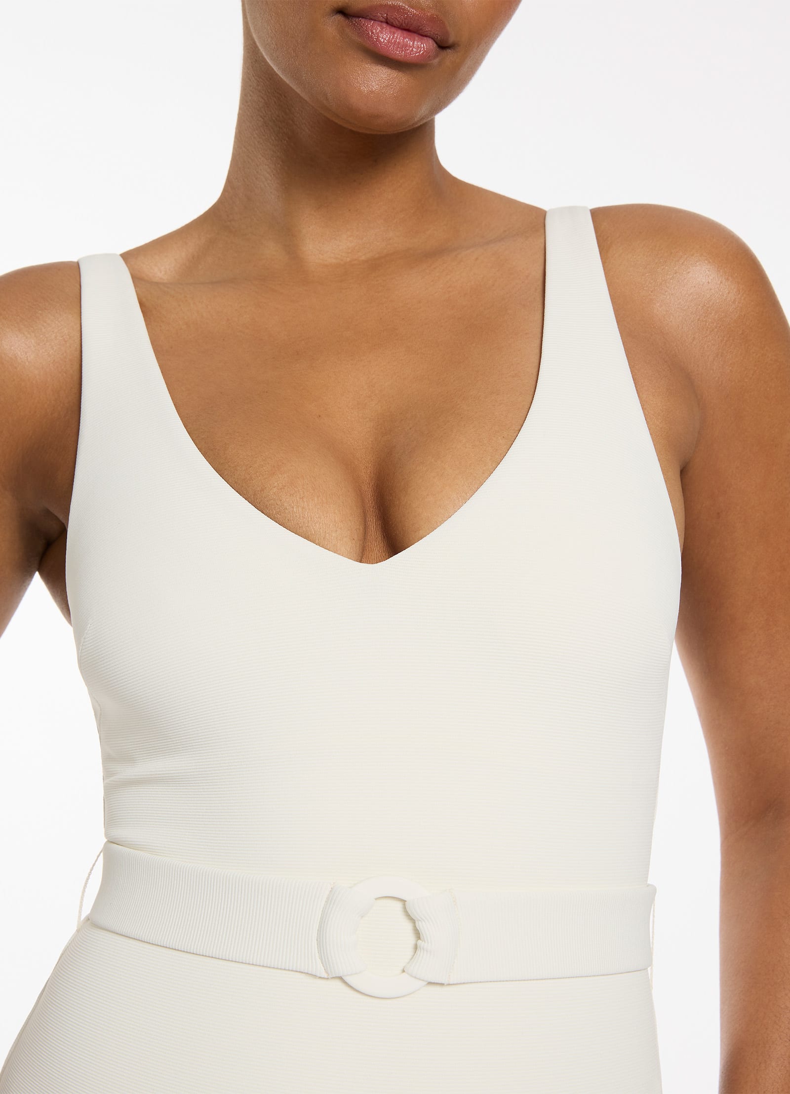 Isla Rib V Neckline Belted One Piece Swimsuit - Cream | Stylish & Comfortable Bathing Suit for Women | Perfect for Beach, Pool & Vacation