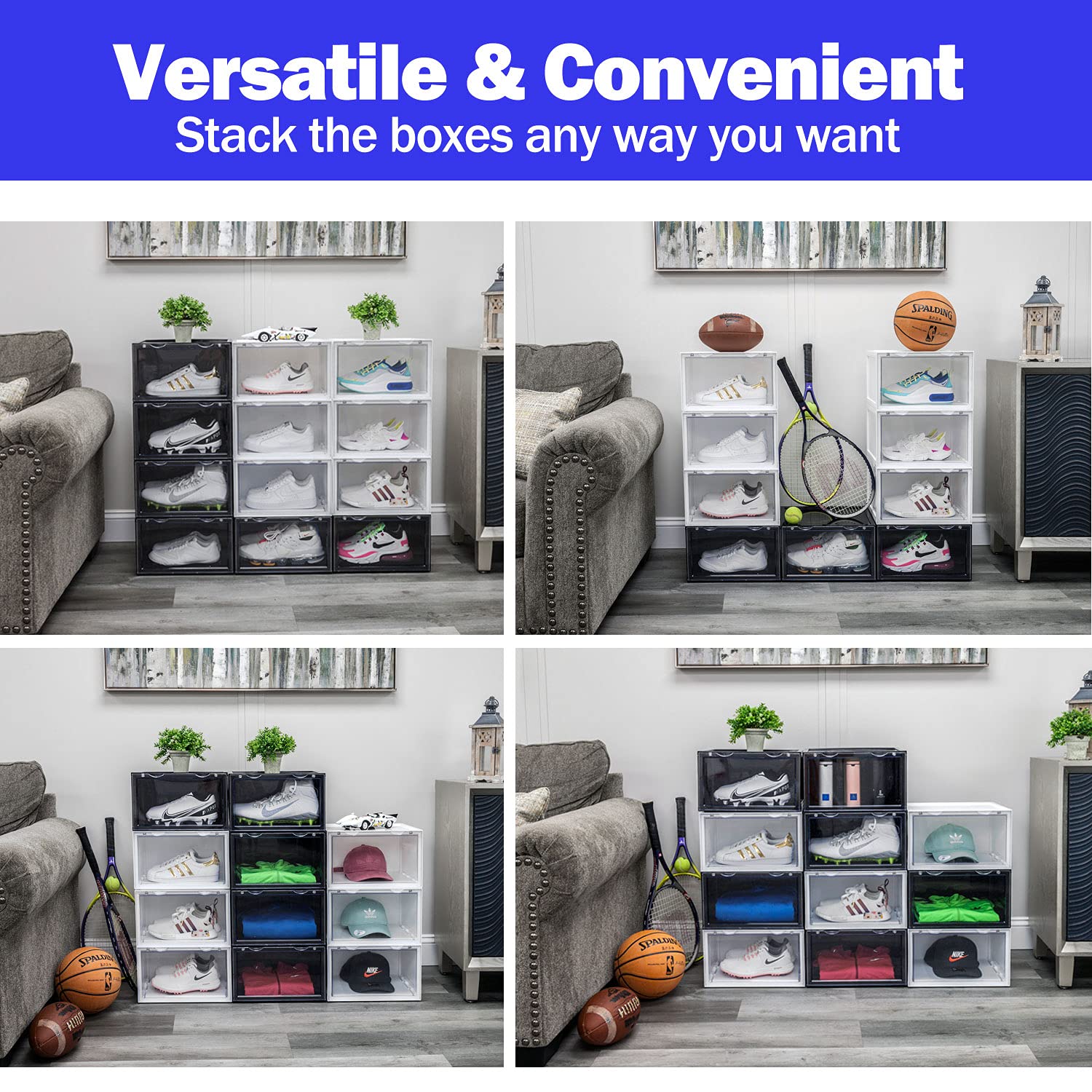 Letusto Premium Clear Plastic Shoe Storage Boxes - 6 Pack Stackable Sneaker Display Cases with Lids (White) | Includes 6 Hygiene Pads & Shapers | Perfect for Organizing Sneakers, Boots & High Heels in Closet or Retail Store Display