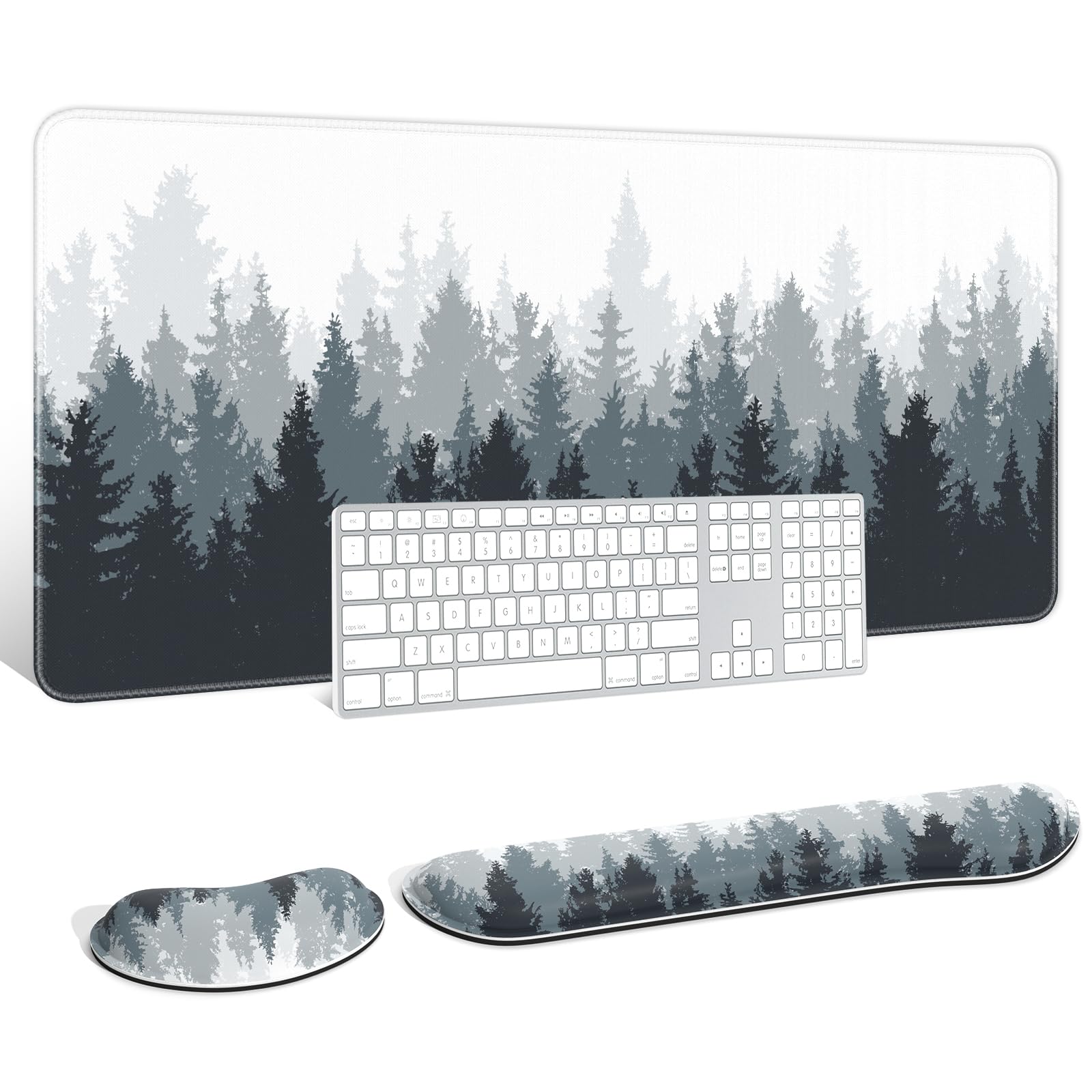 Auhoahsil 3-Piece Ergonomic Desk Set - Memory Foam Keyboard Wrist Rest, XXL Extended Gaming Mouse Pad & Mouse Wrist Pad - Comfortable Wrist Support for Office & Gaming - White Ink Forest Design for Men & Women - Perfect for Computer Workstations & Home Office Setup