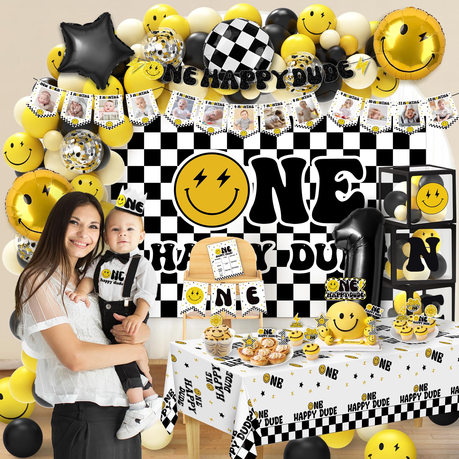 Lightning Bolt 1st Birthday Party Decorations Set - Backdrop, Balloons Arch, High Chair Banner & Gift Box | Gender Neutral Baby Boy & Girl First Birthday Theme | Perfect for Cake Smash Photos & Milestone Celebrations