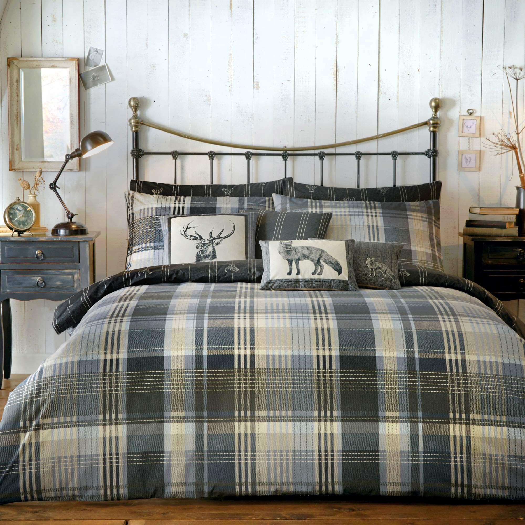 DREAMS AND DRAPES Connolly Check Reversible 100% Cotton Flannel Duvet Cover Set - Charcoal Grey - UK King Size - Soft & Breathable Bedding for Cozy Winter Nights