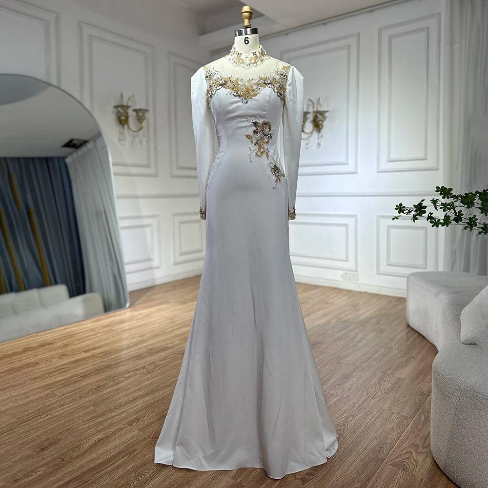 Luxury Dubai Arabic White Beaded Satin Saudi Mermaid Evening Dress Gown for Women - Formal Occasion Wedding Party Prom LA72815 | Elegant Long Sleeve Bridal Gown for Special Events