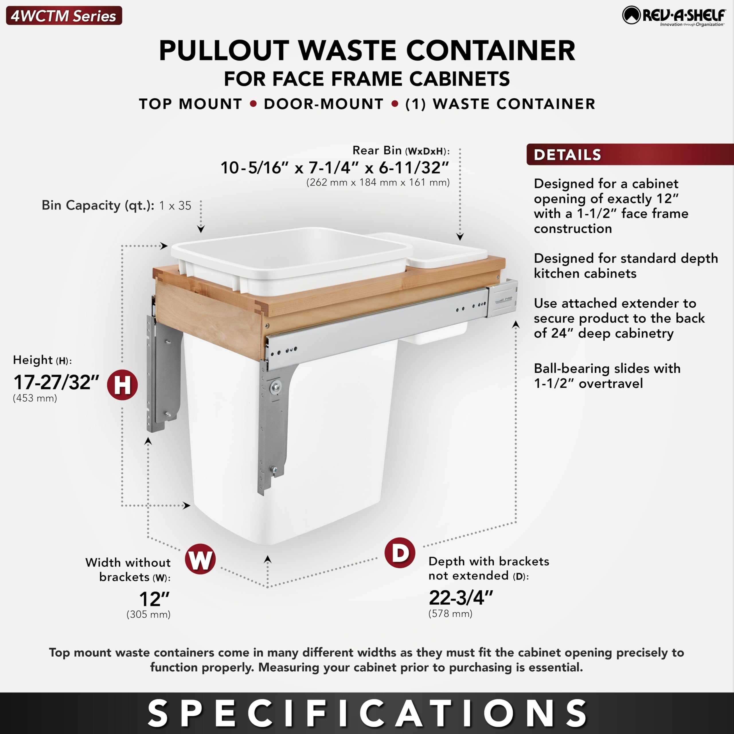 Rev-A-Shelf 35 Qt Double Pullout Trash Can - White Wood Top Mount Garbage Bin for Kitchen & Bathroom Cabinets, 18