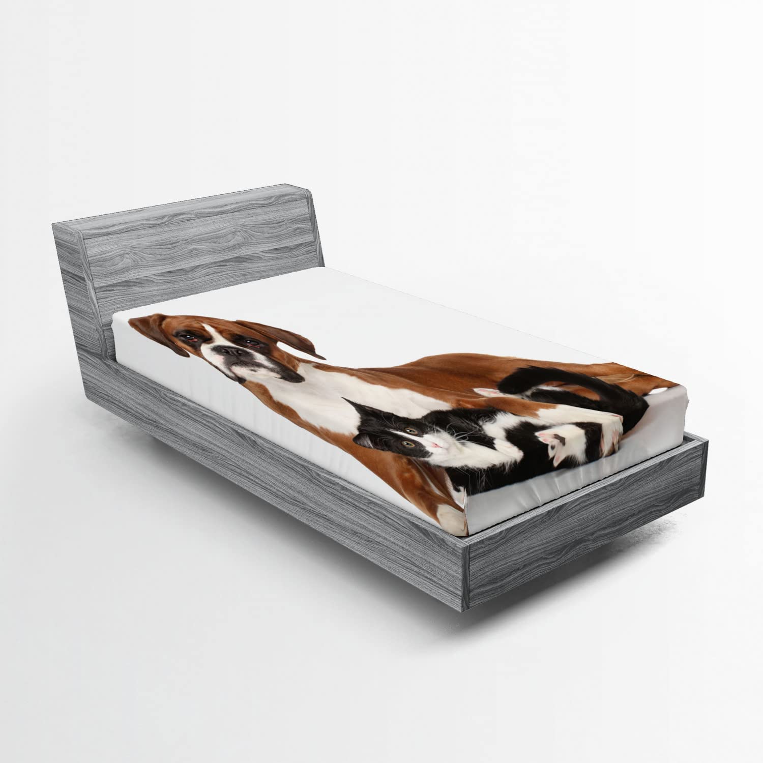 Ambesonne Animal Fitted Sheet - Cat & Dog Design, Twin XL, Brown/Black/White for Cozy Bedroom Decor