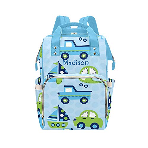 **Personalized Diaper Backpack for Baby Boys & Girls - Custom Name Green Travel Tote Bag, Cute Vehicle Print Baby Shower Gift for Moms - Perfect for Daycare, Outings & Family Trips**