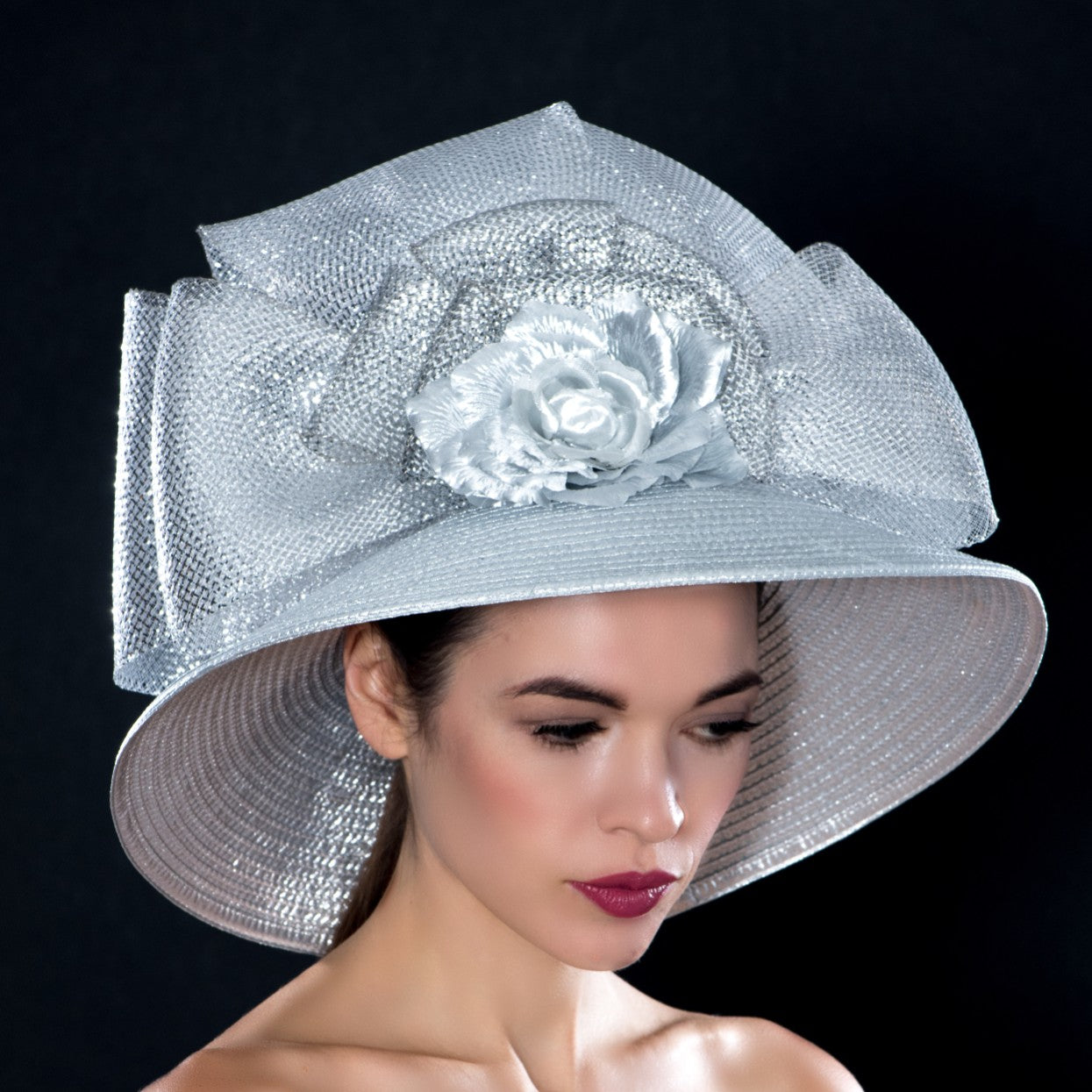 SG0461 Women's Fashion Silver Wide Brim Sun Hat - Elegant Summer Beach Hat for Outdoor, Wedding, and Party Occasions