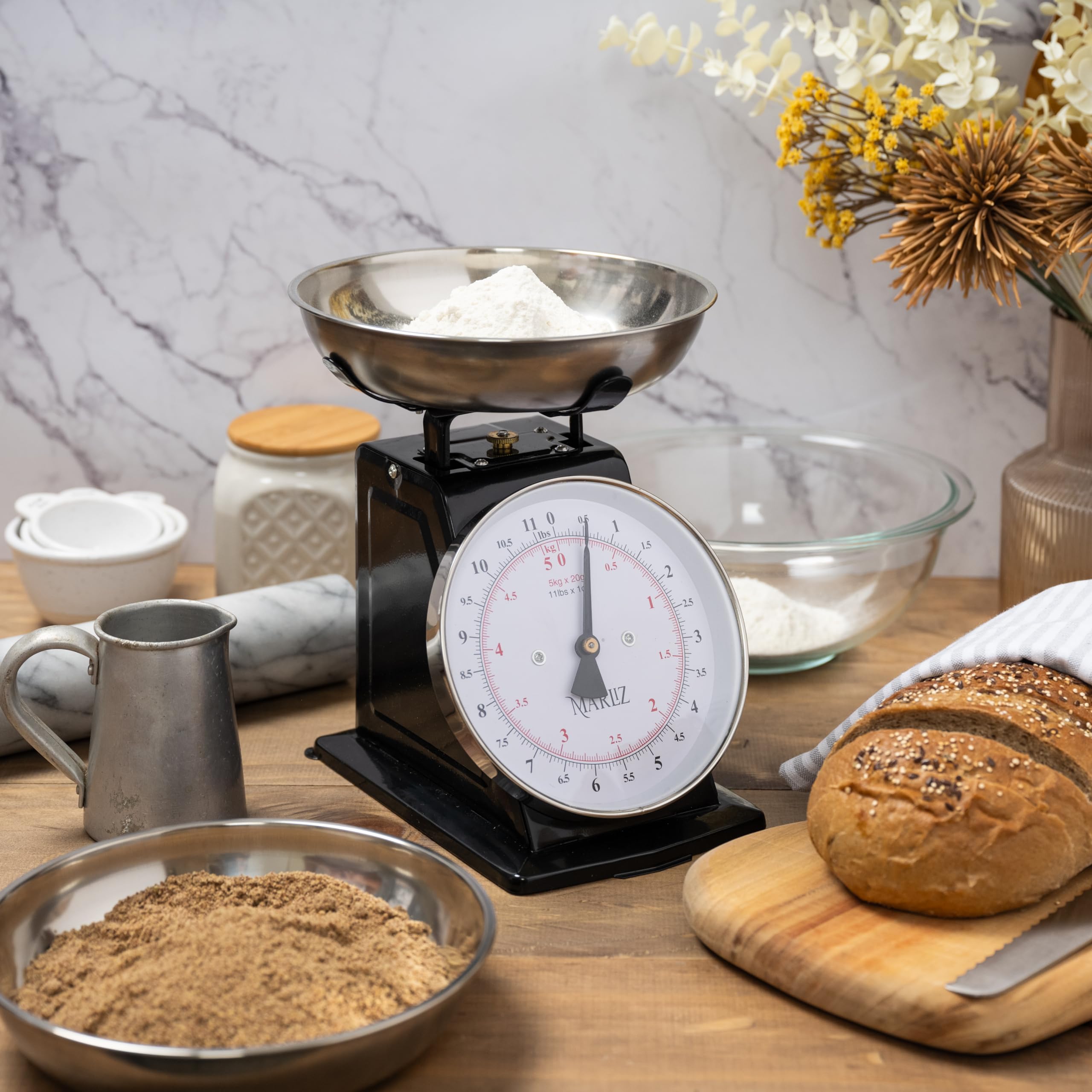 Vintage MARLIZ Kitchen Scale 11Lb/5Kg with 2 Bowls - Mechanical Dial Food Scale for Baking, Cooking & Meal Prep | Black Baker's Scale for Home & Professional Kitchens