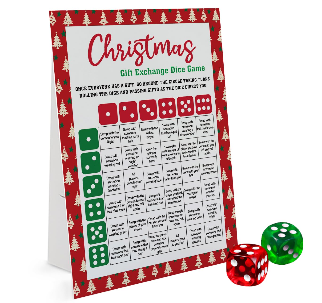 Exchange Dice Game Set with 2 Dice & Instruction Sign - Fun Christmas Party Game for Groups, Holiday Gift Swap Activity - Perfect for Family Gatherings & Office Parties (SDGE02)